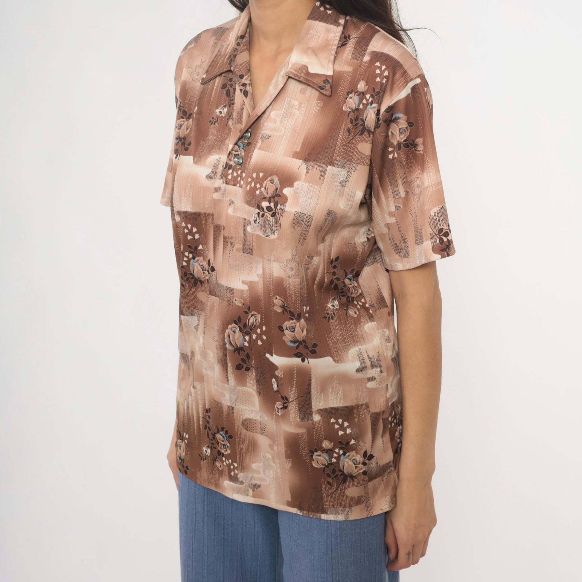 70s Stuart Mann Floral Button-Up Blouse Brown Tan Roses Geometric Medium M