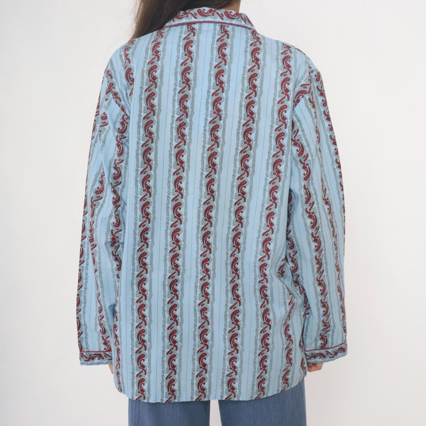 90s Paisley Stripe Pajama Shirt Light Blue Burgundy Cotton Notched Collar Large