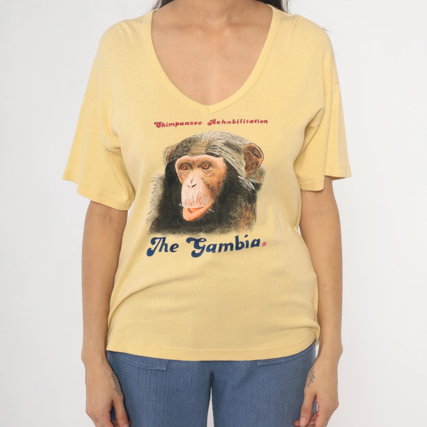 80s Chimpanzee Rehabilitation The Gambia Yellow Cotton V-Neck Tee Large L