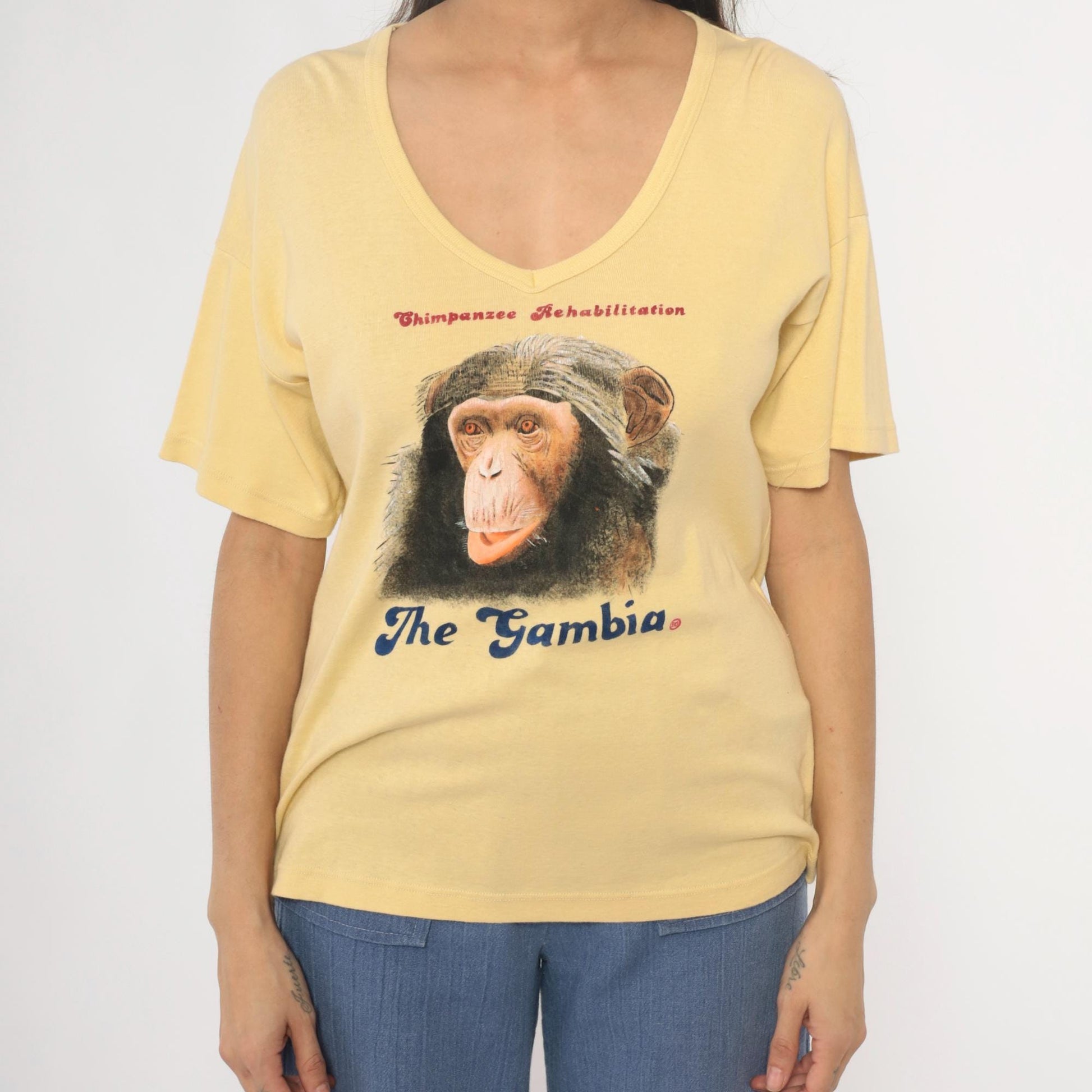 80s Chimpanzee Rehabilitation The Gambia Yellow Cotton V-Neck Tee Large L