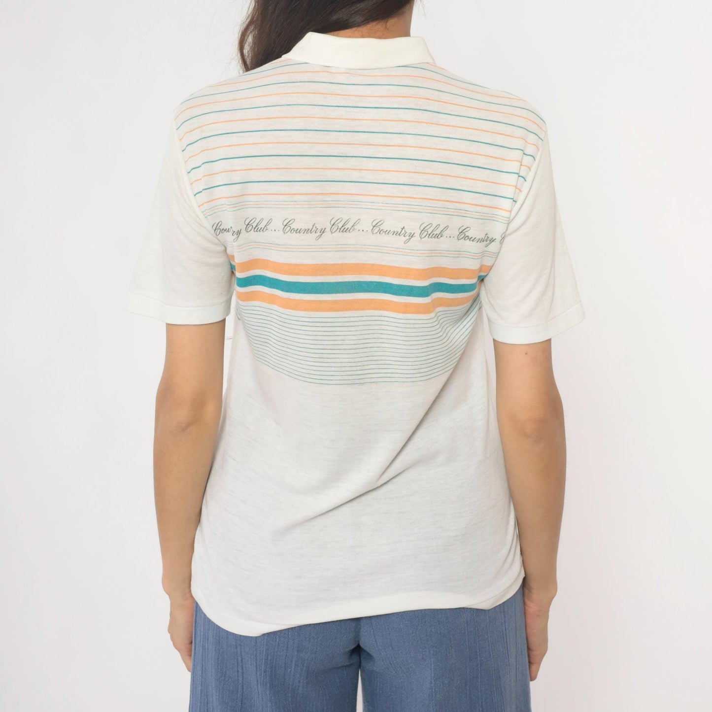 80s Country Club Polo Shirt Striped Cream Teal Peach Small