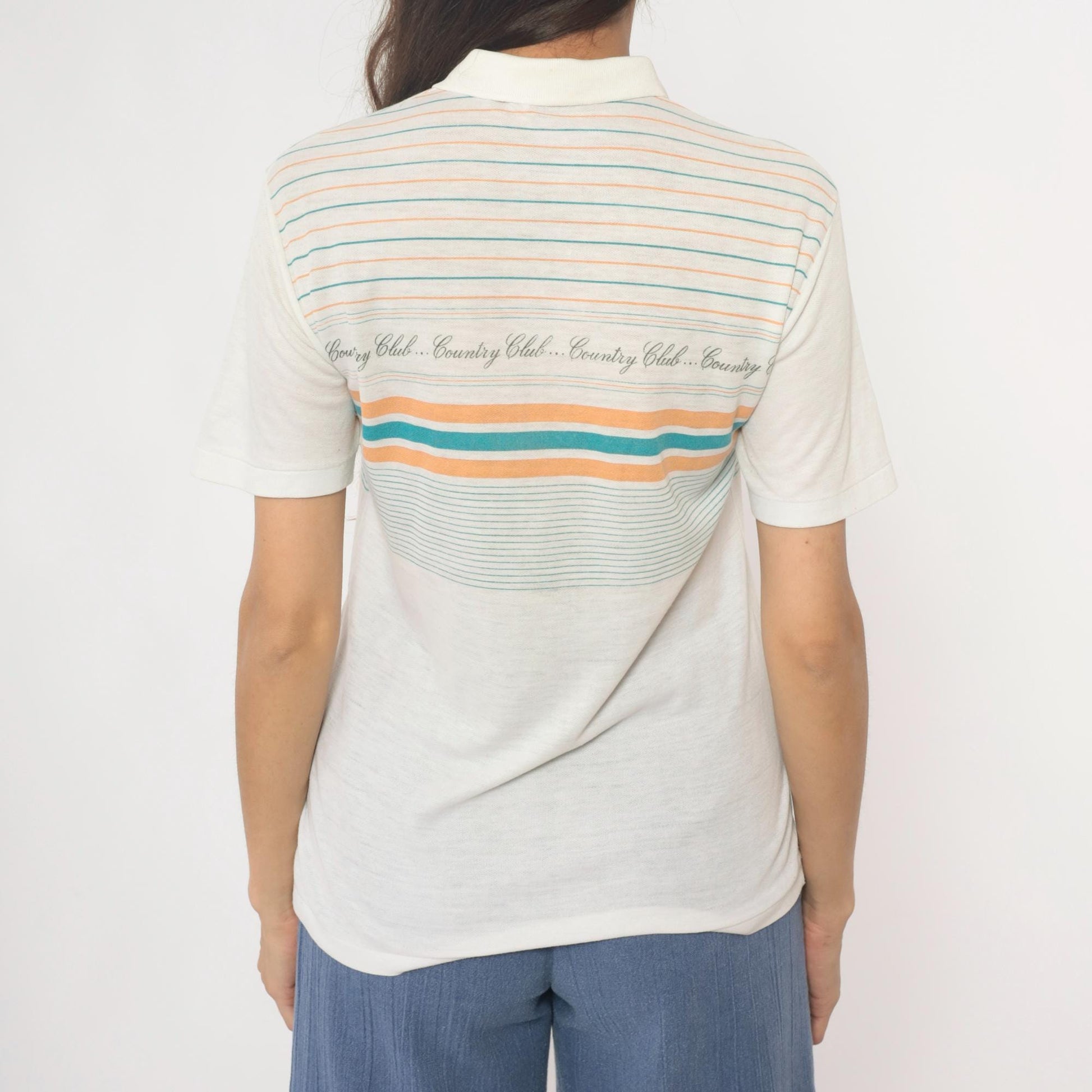 80s Country Club Polo Shirt Striped Cream Teal Peach Small