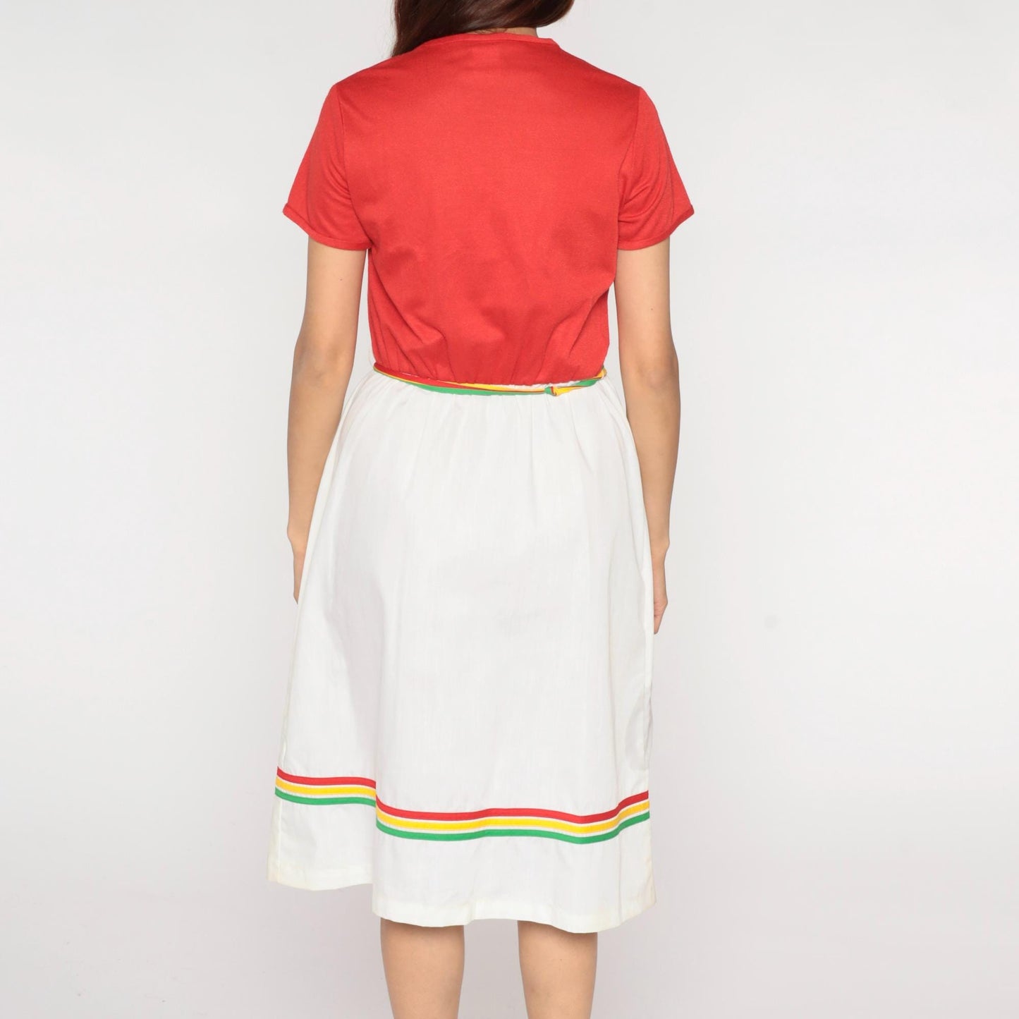 80s Star Shine Colorblock Dress Coral White Rainbow Stripe Belt Large