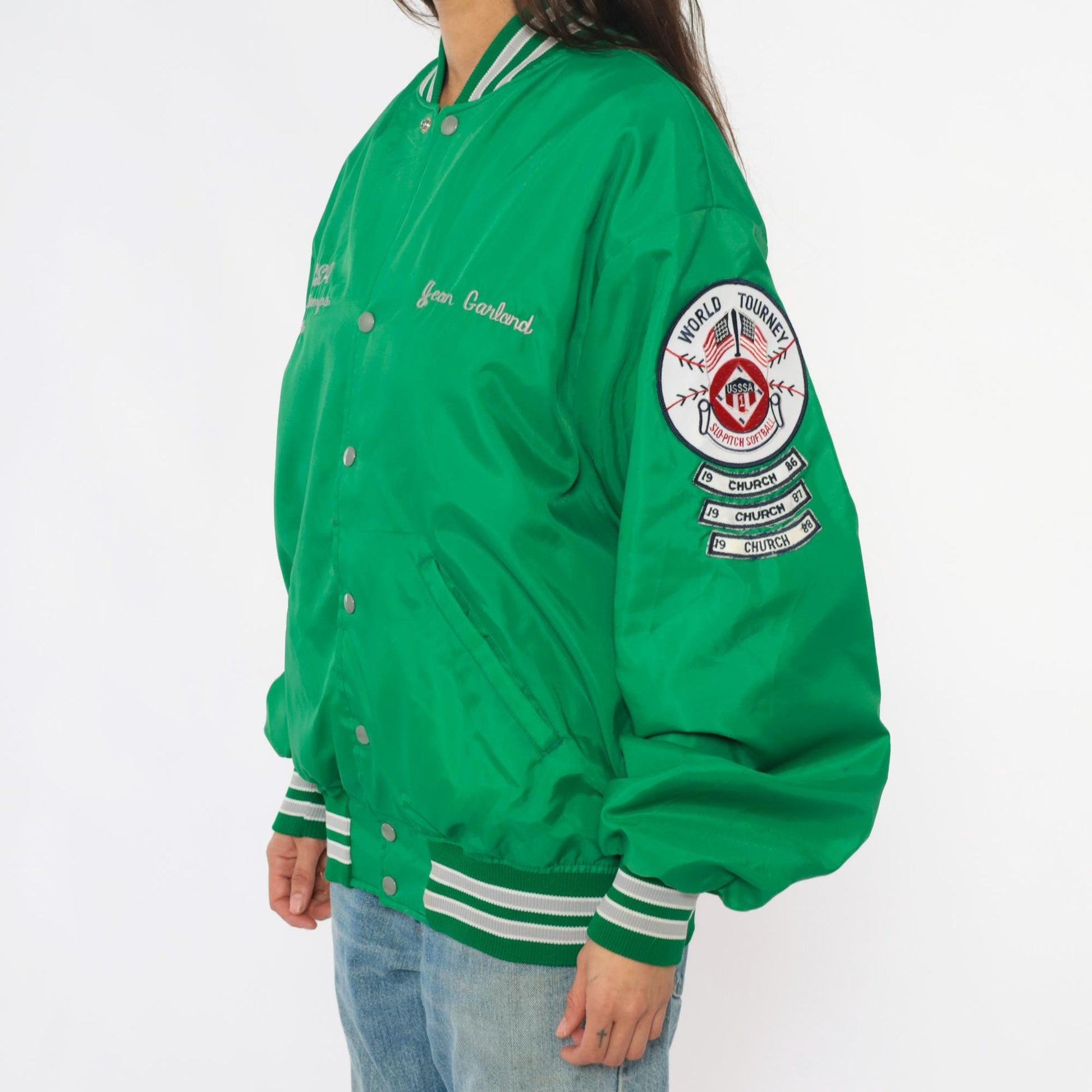80s Green Varsity Bomber Jacket Embroidered Patches Snap Front Extra Large XL