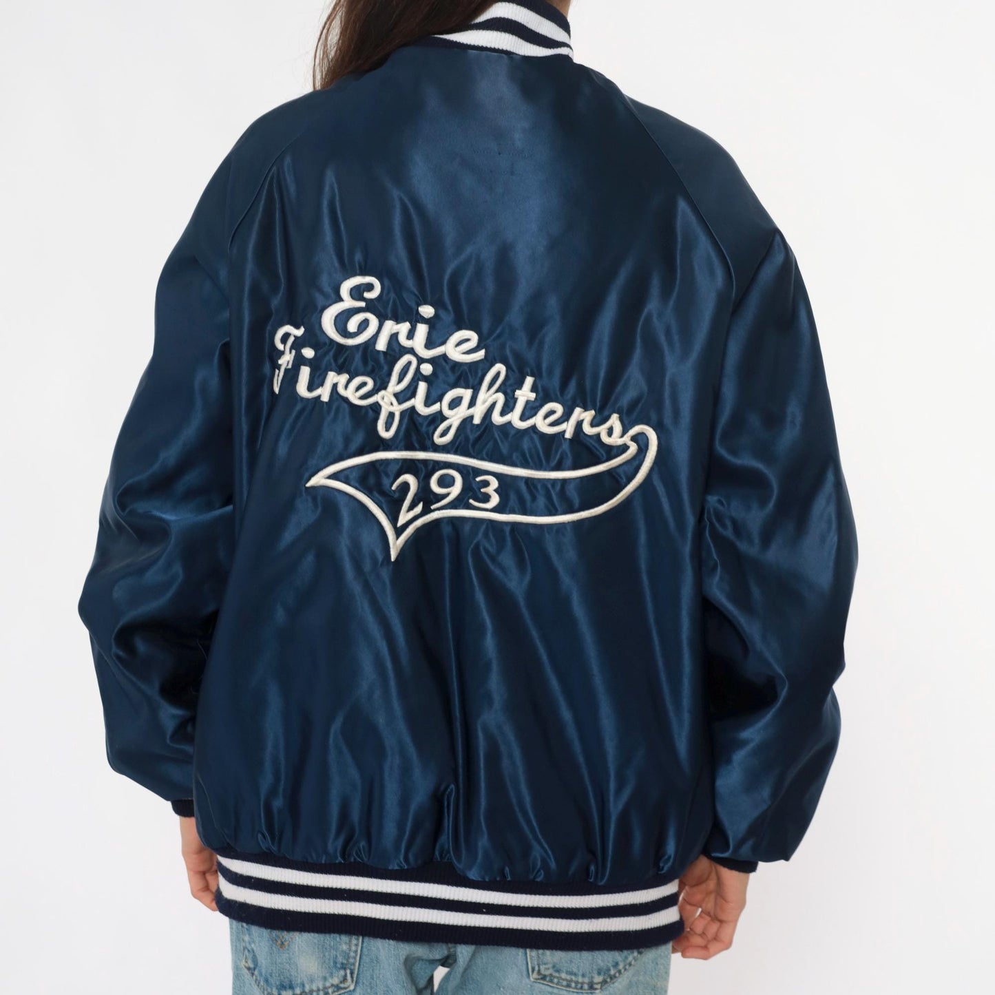 90s Erie Firefighters Navy Satin Bomber Jacket Embroidered Patch Extra Large XL