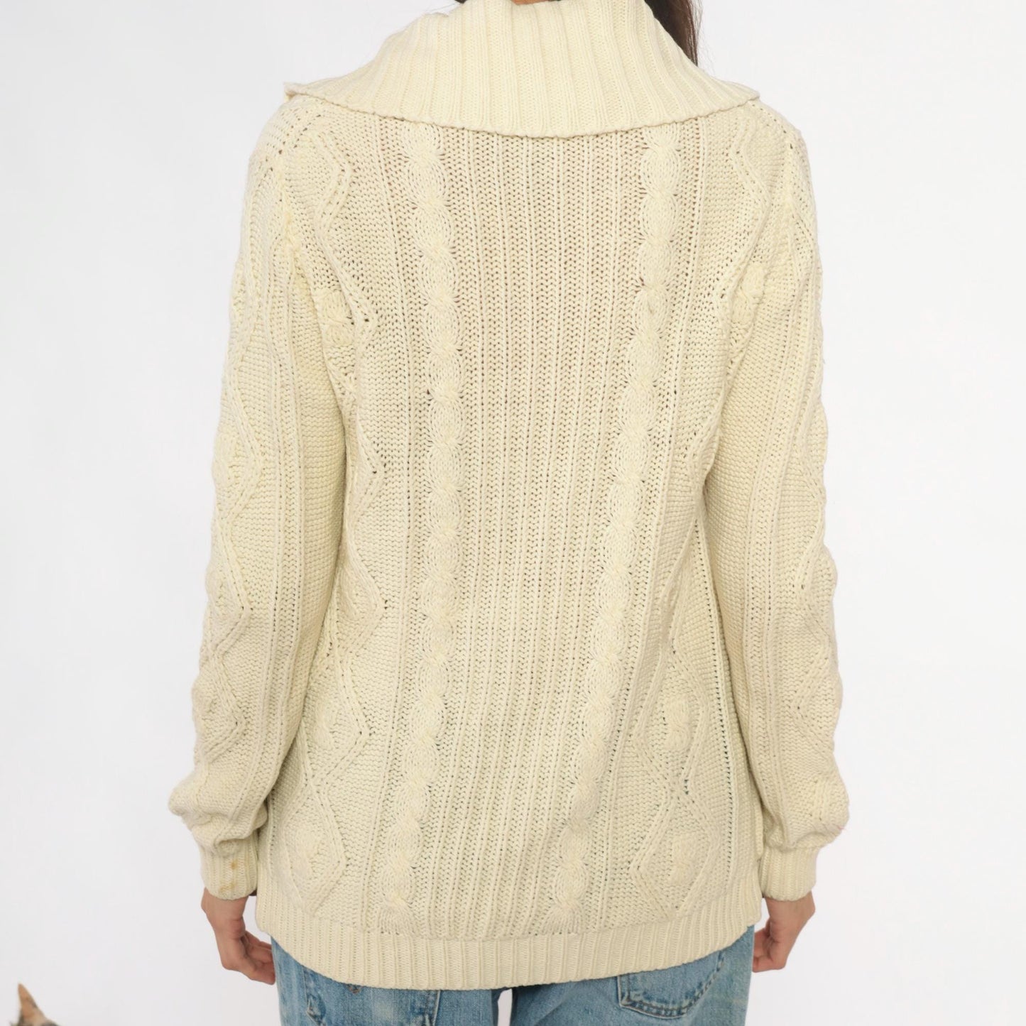 70s Cable Knit Cardigan Cream Shawl Collar Patch Pockets Small