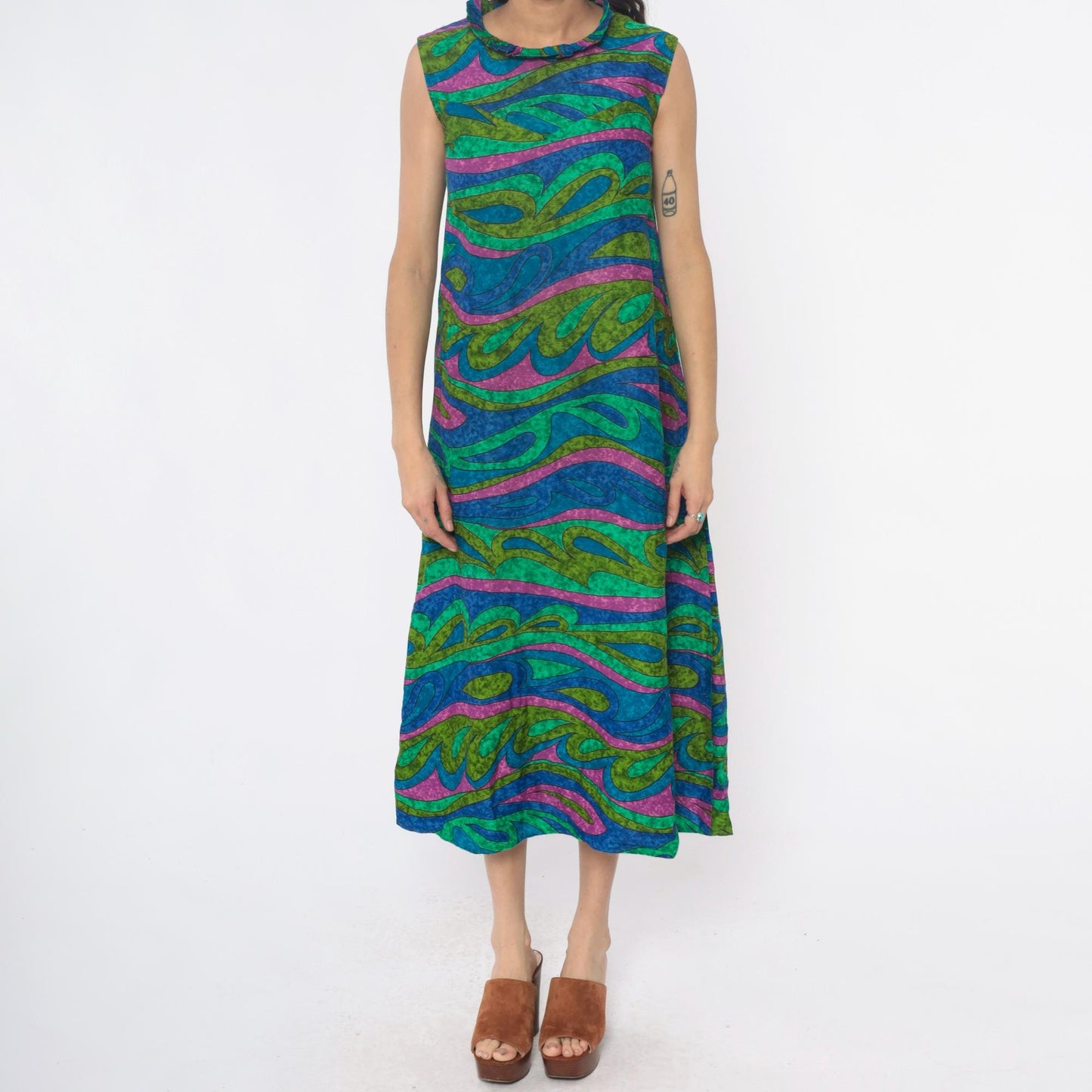 70s Psychedelic Swirl Maxi Dress Blue Green Pink Wave Print Sleeveless Extra Small