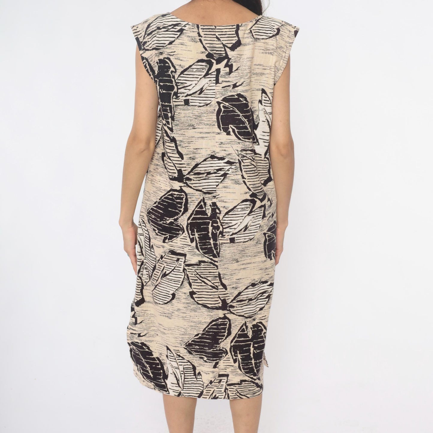 70s Leaf Print Shift Dress Cream Black Botanical Sleeveless Large