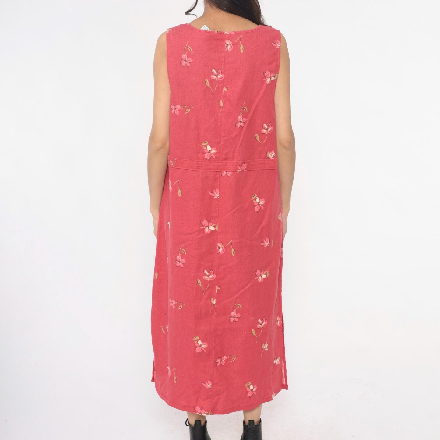 90s White Stag Floral Maxi Dress Pink Linen Cotton Blend Pintuck Medium M