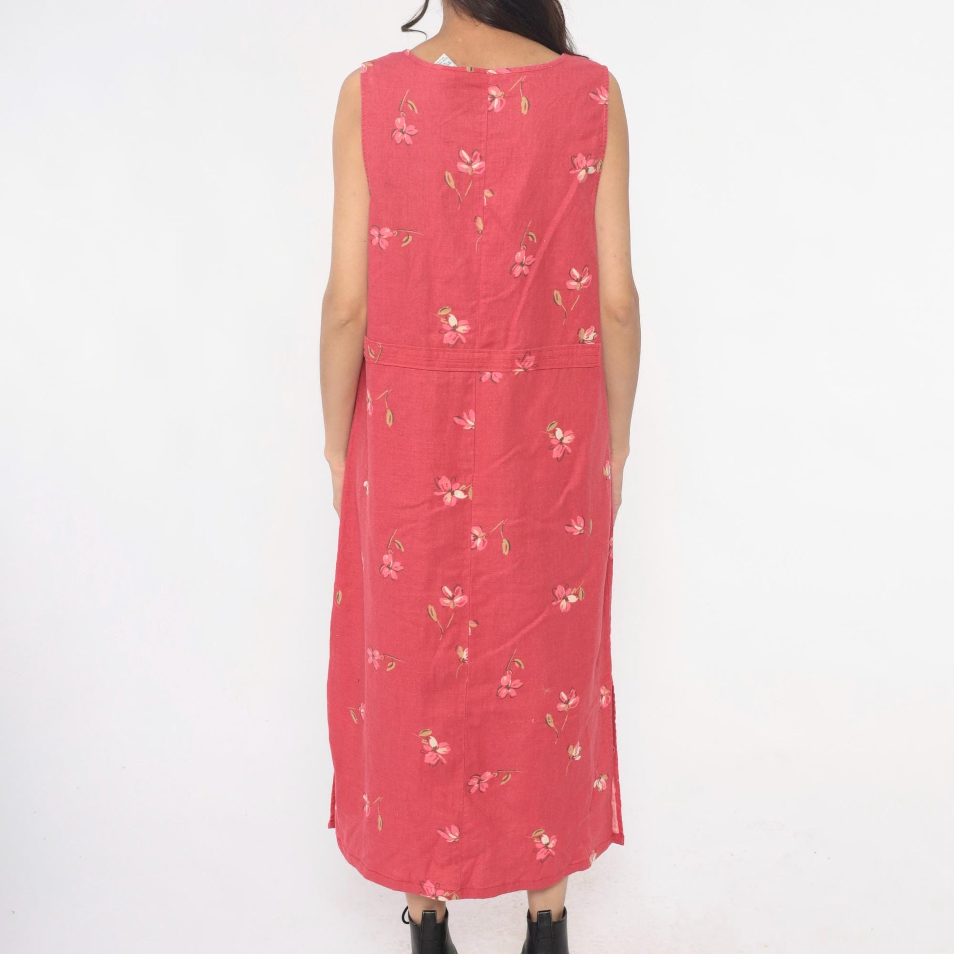 90s White Stag Floral Maxi Dress Pink Linen Cotton Blend Pintuck Medium M