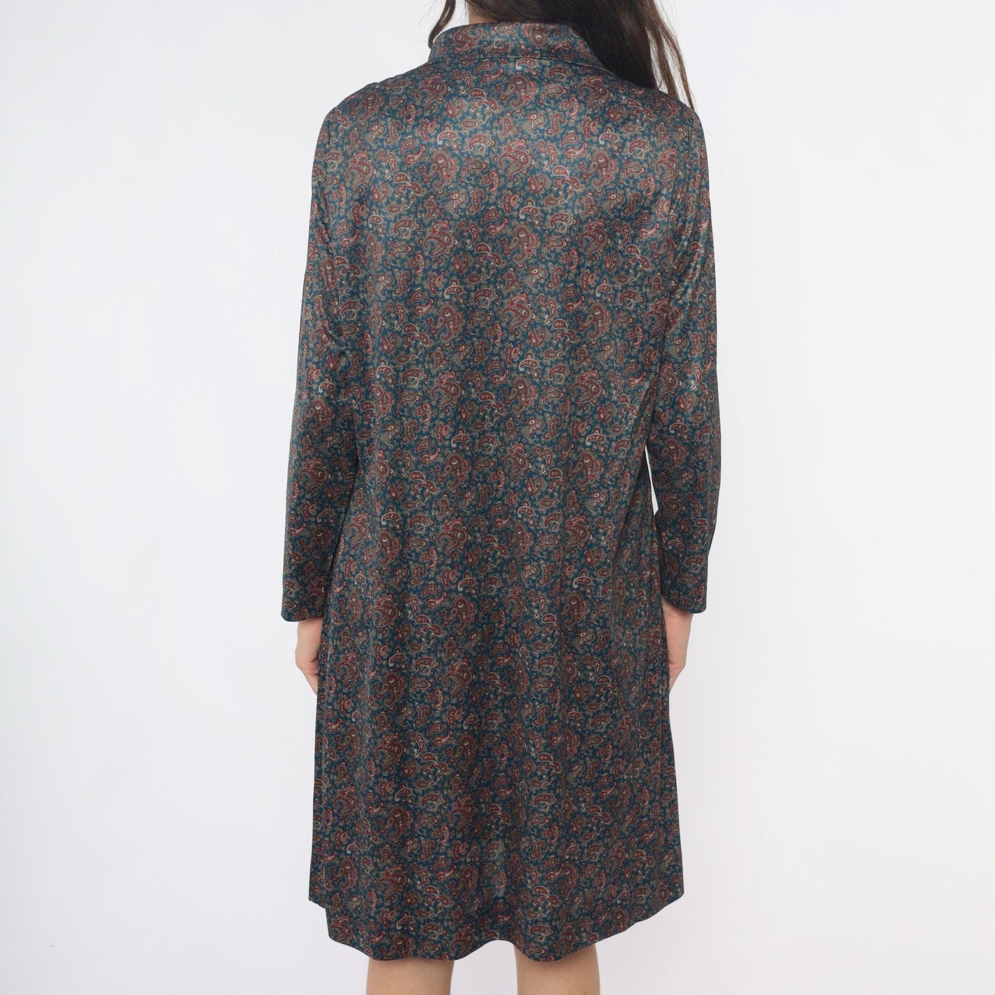 70s Paisley Shirt Dress Collared Button Front Long Sleeve Blue Large L