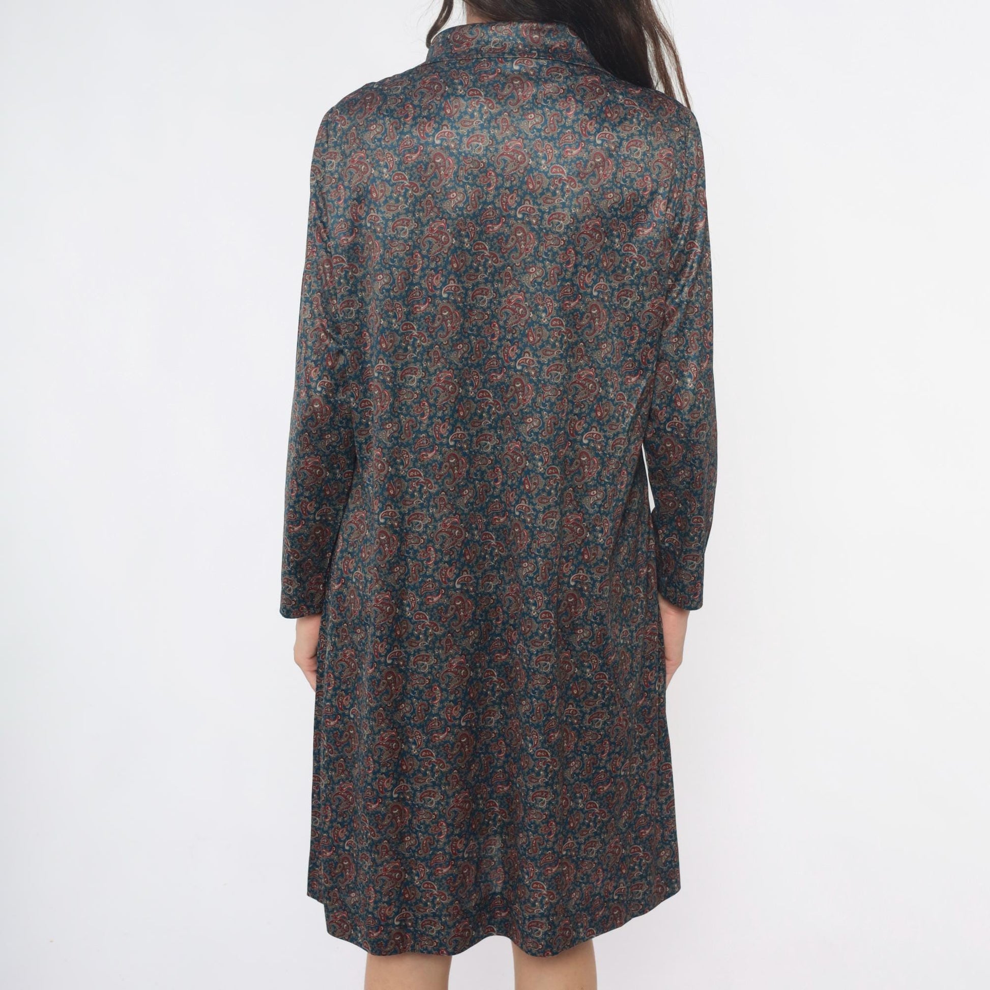70s Paisley Shirt Dress Collared Button Front Long Sleeve Blue Large L
