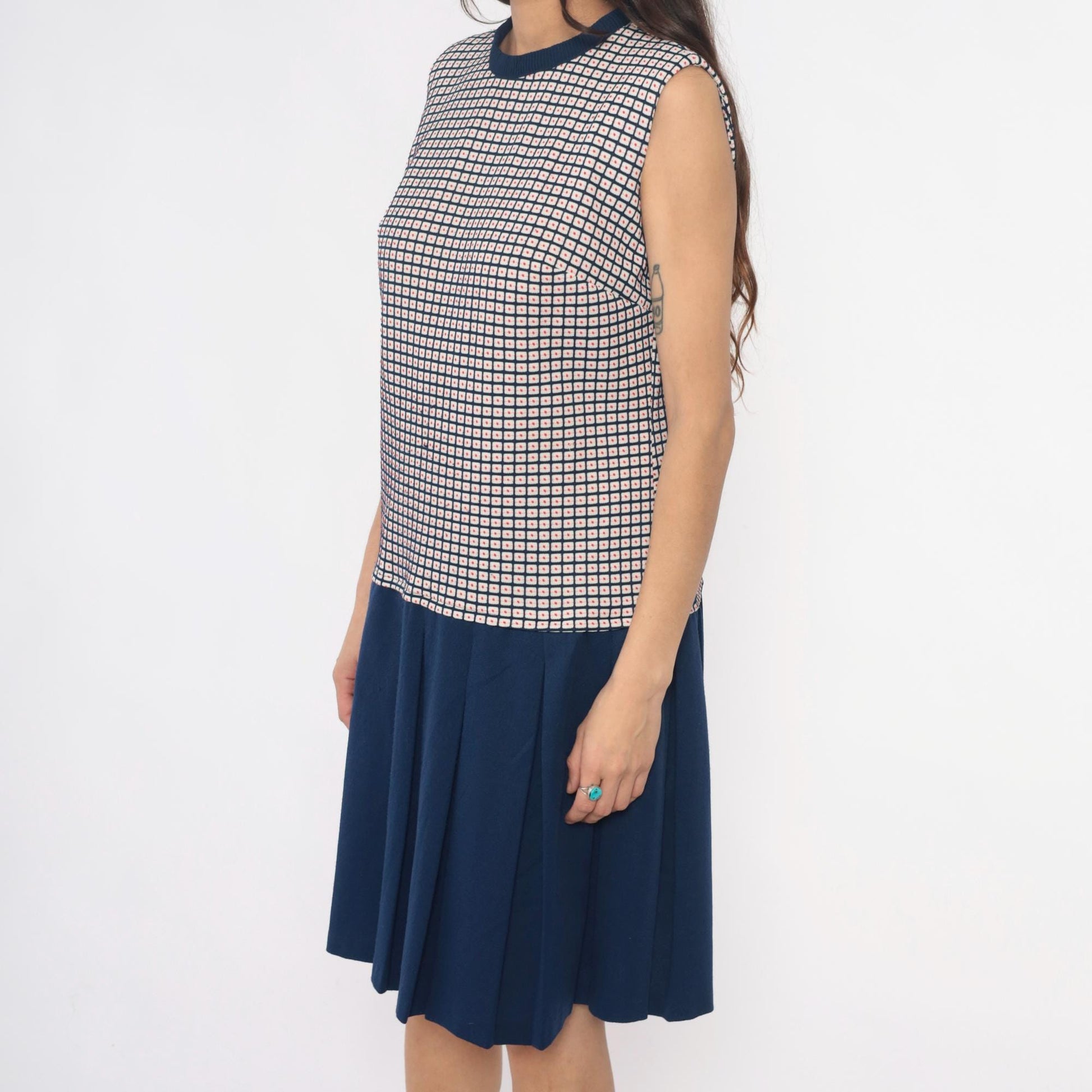 70s Navy Checkered Colorblock Dress Pleated Skirt Sleeveless Large L