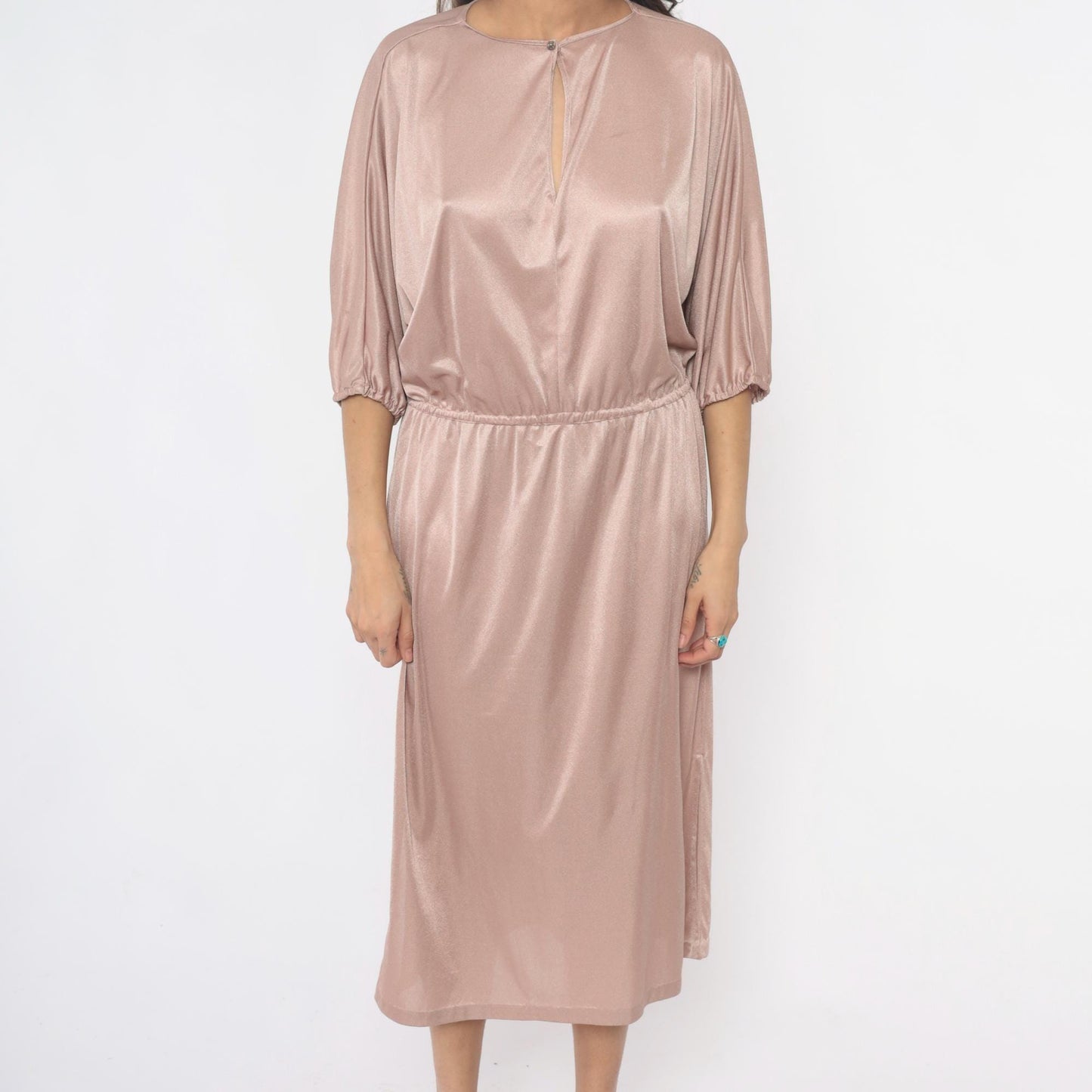 70s Blush Pink Satin Midi Dress Dolman Sleeve Keyhole Back Medium