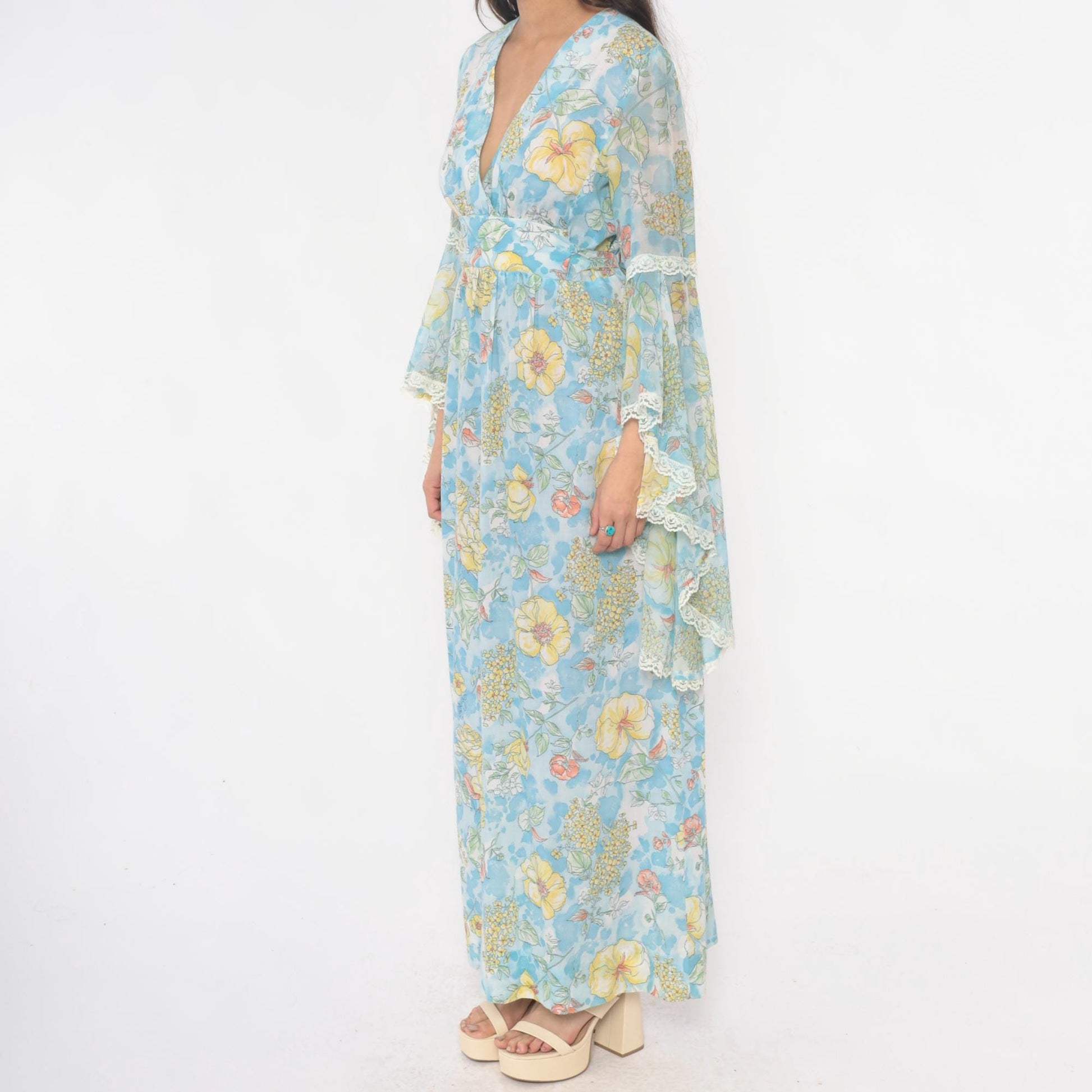 70s Light Blue Floral Maxi Dress Bell Sleeve Wrap Tie Waist Lace Trim Small Medium
