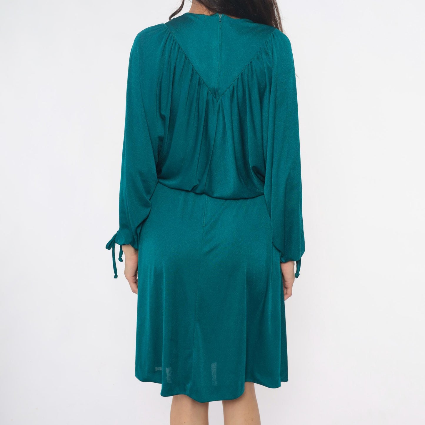 80s Teal Cowl Neck Dress Draped Split Sleeve Knee-Length Small Medium