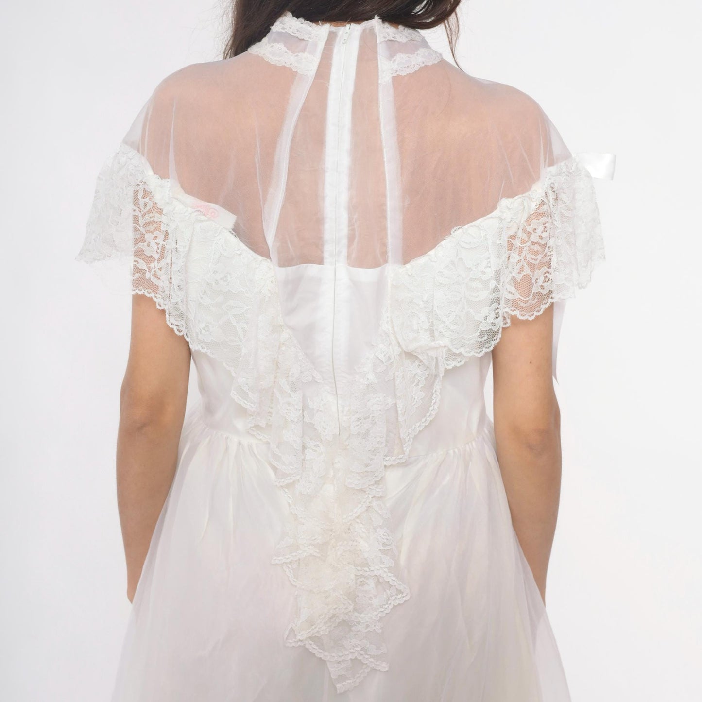 80s White Lace Maxi Nightgown Sheer High Neck Satin Ribbon Medium