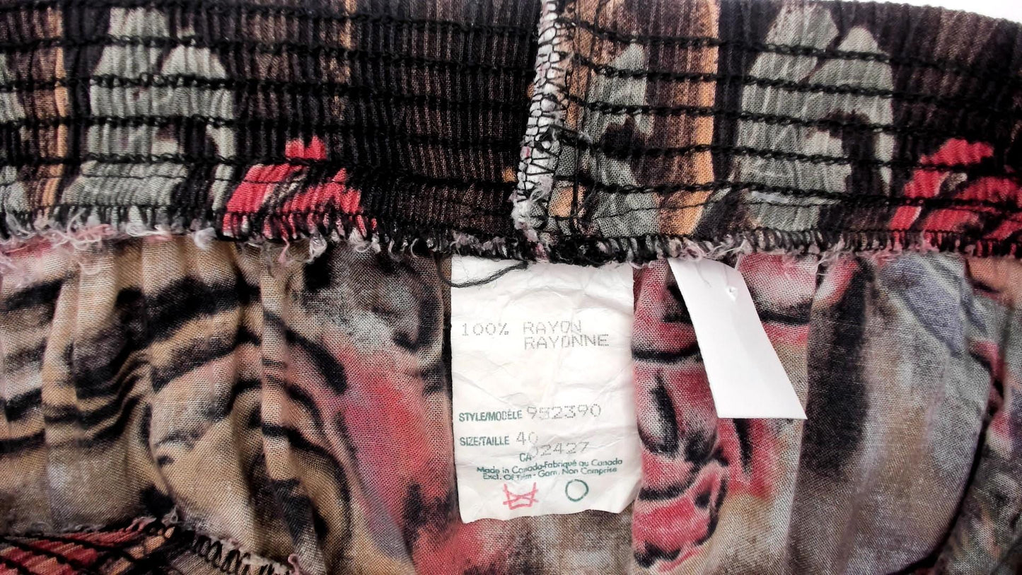 90s Floral Animal Print Midi Skirt Pink Green Brown Rayon Medium Large