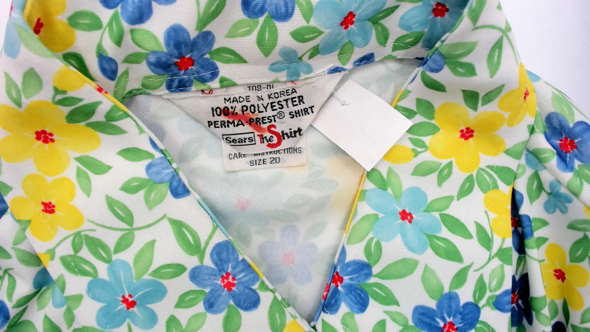 70s Floral Blouse White Yellow Blue Flowers Short Sleeve Pointed Collar Large L