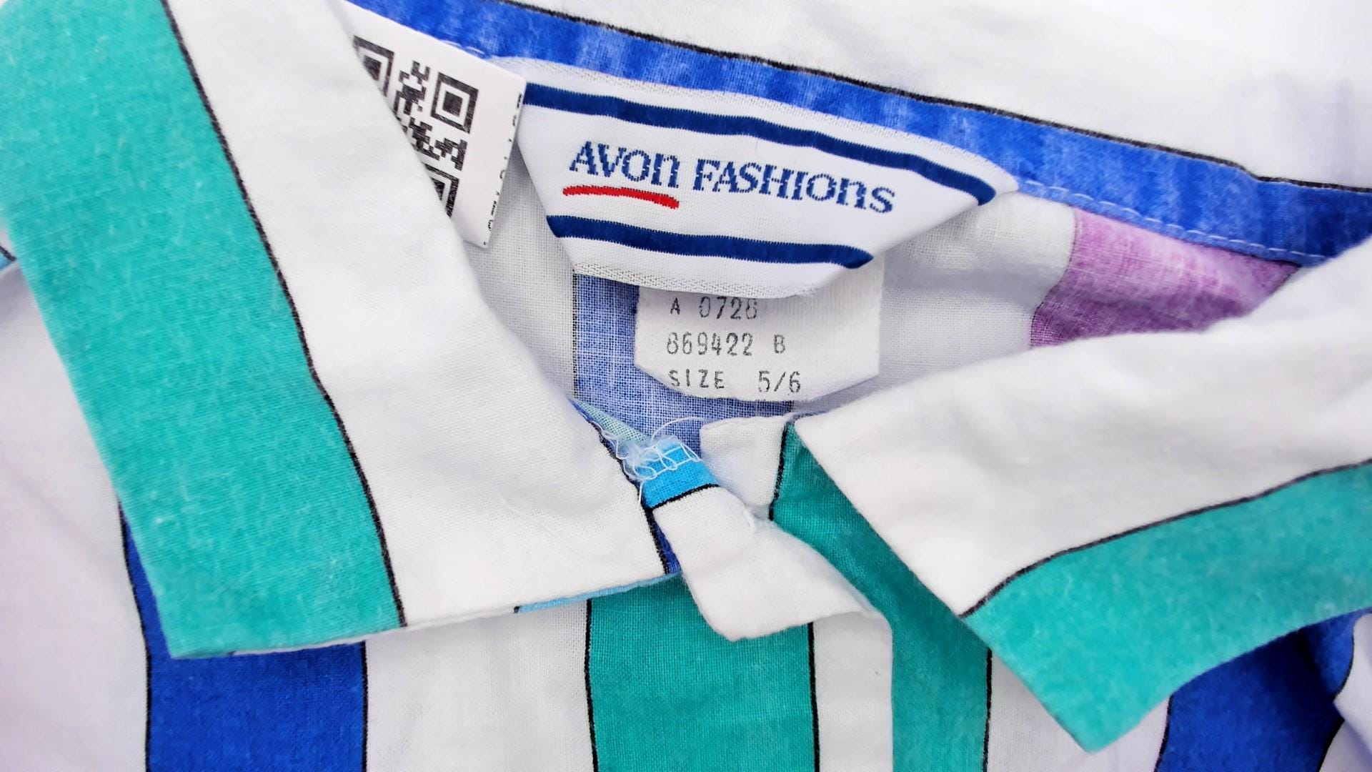 80s Avon Fashions Striped Cotton Blouse Vertical Stripes Purple Blue Small S
