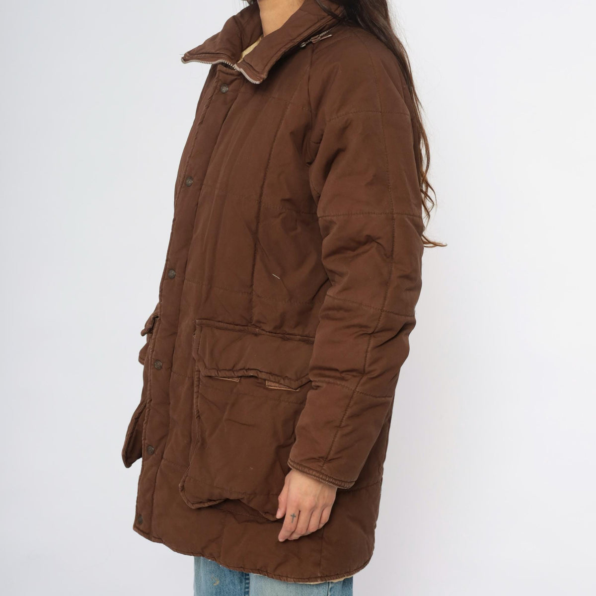 80s REI Brown Quilted Puffer Jacket Corduroy Collar Zip Large