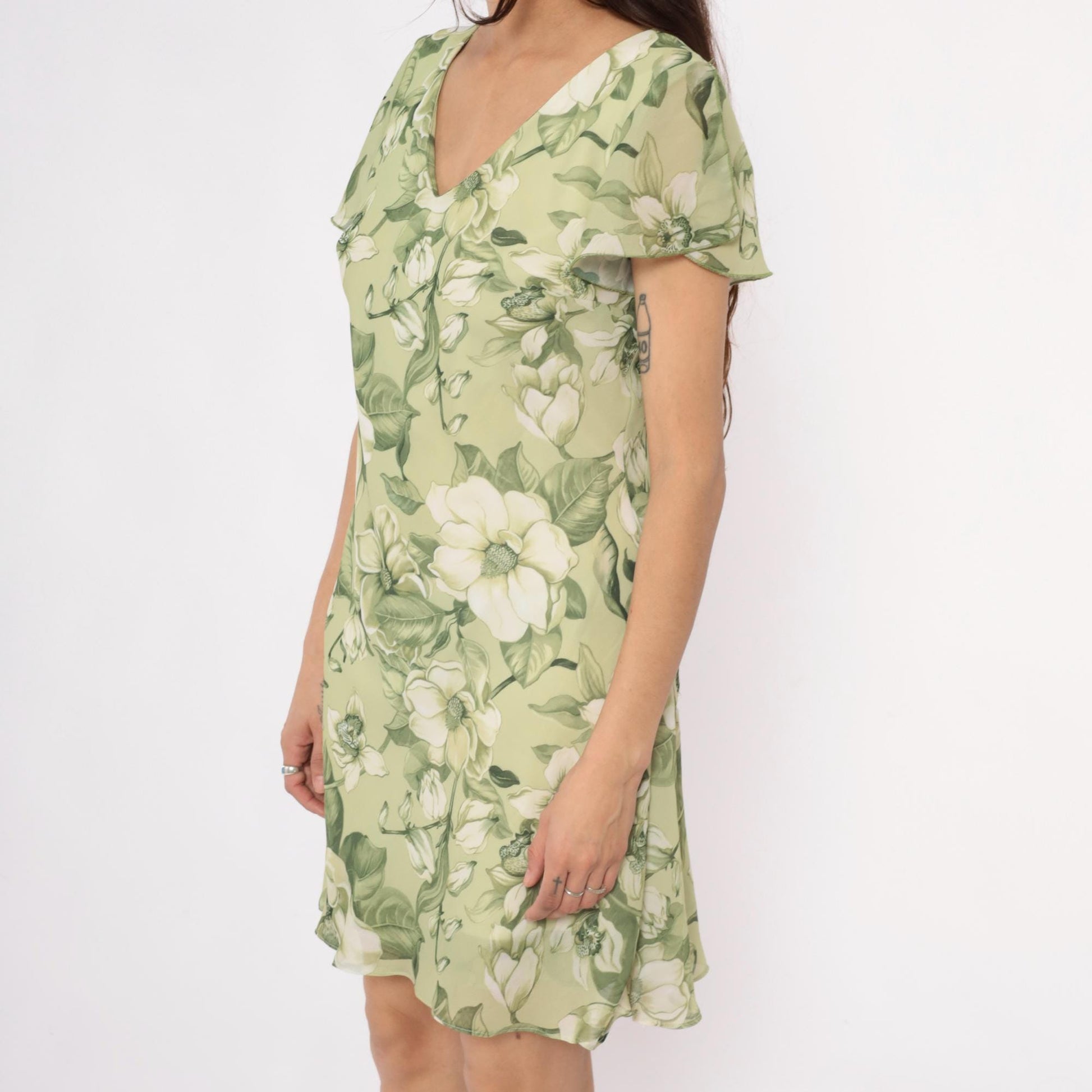 90s Green Magnolia Floral Dress V-Neck Flutter Sleeve A-Line Medium