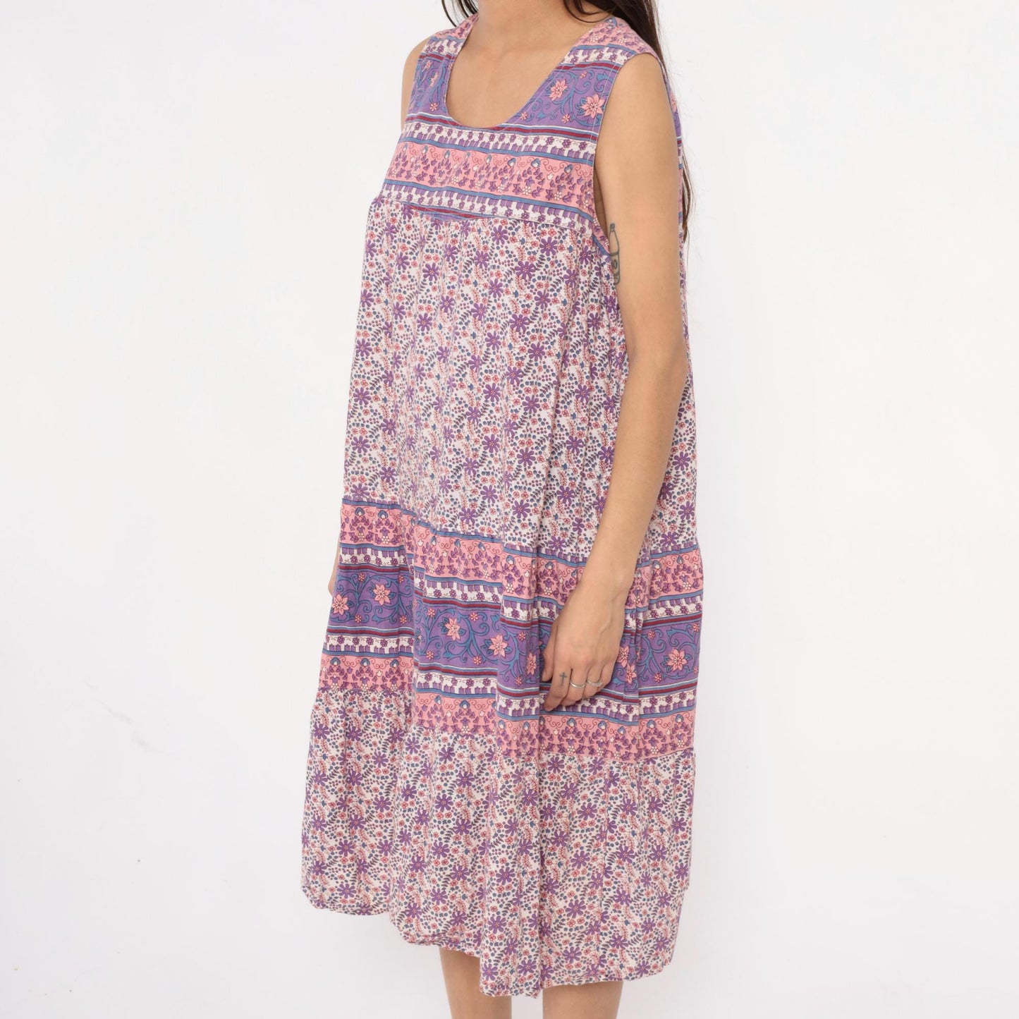 90s La Cera Floral Cotton Maxi Dress Purple Pink Scoop Neck Extra Large XXL