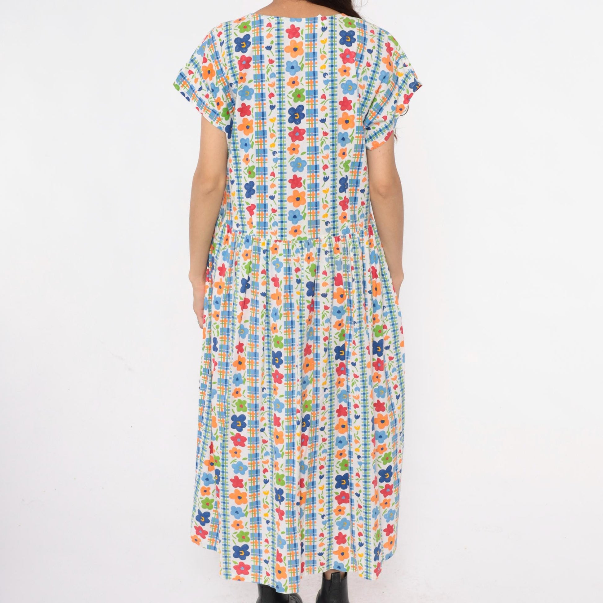 80s Chandni Floral Maxi Dress Button Front Drop Waist Multicolor Large L
