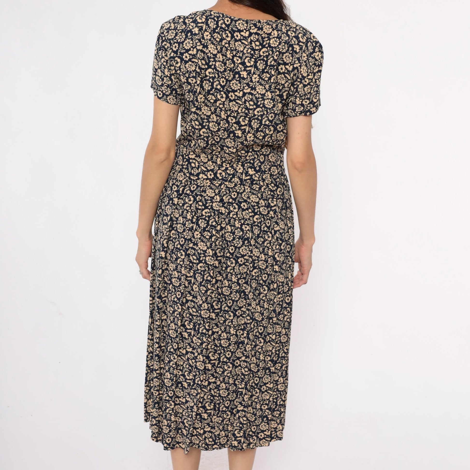 90s Liz Claiborne Floral Midi Dress Navy Cream Short Sleeve Medium