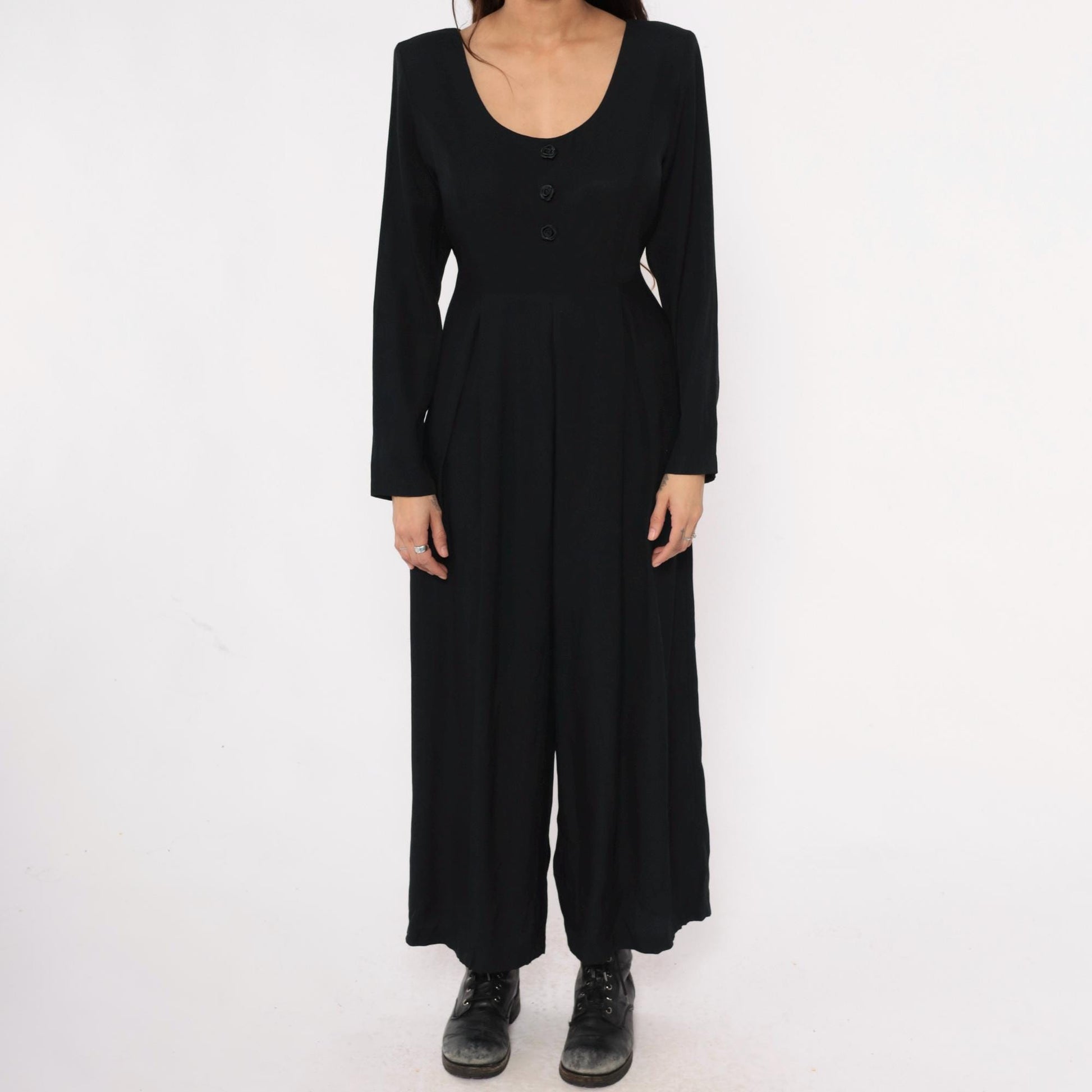 90s Express Black Wide-Leg Jumpsuit Tie Waist Long Sleeve Medium