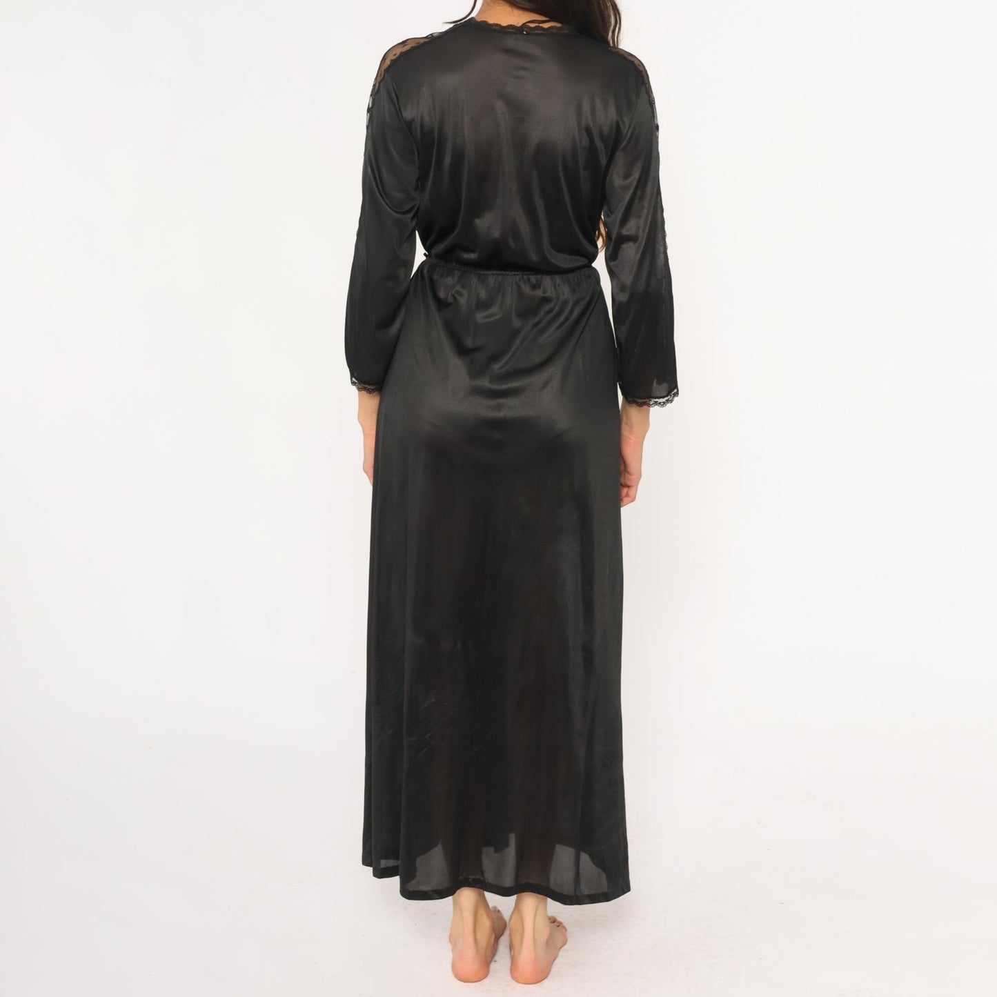 70s Black Nylon Lace Robe Maxi Wrap Front Deep V Neck Tie Waist Small