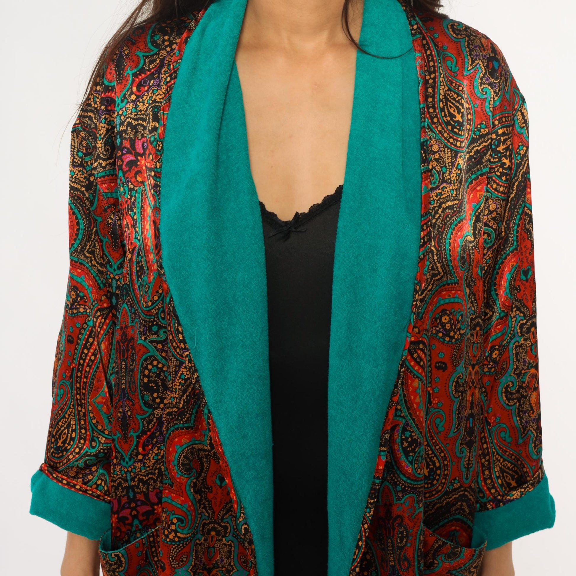 80s Paisley Terrycloth Robe Turquoise Orange Black Lace Trim Knee Length Large