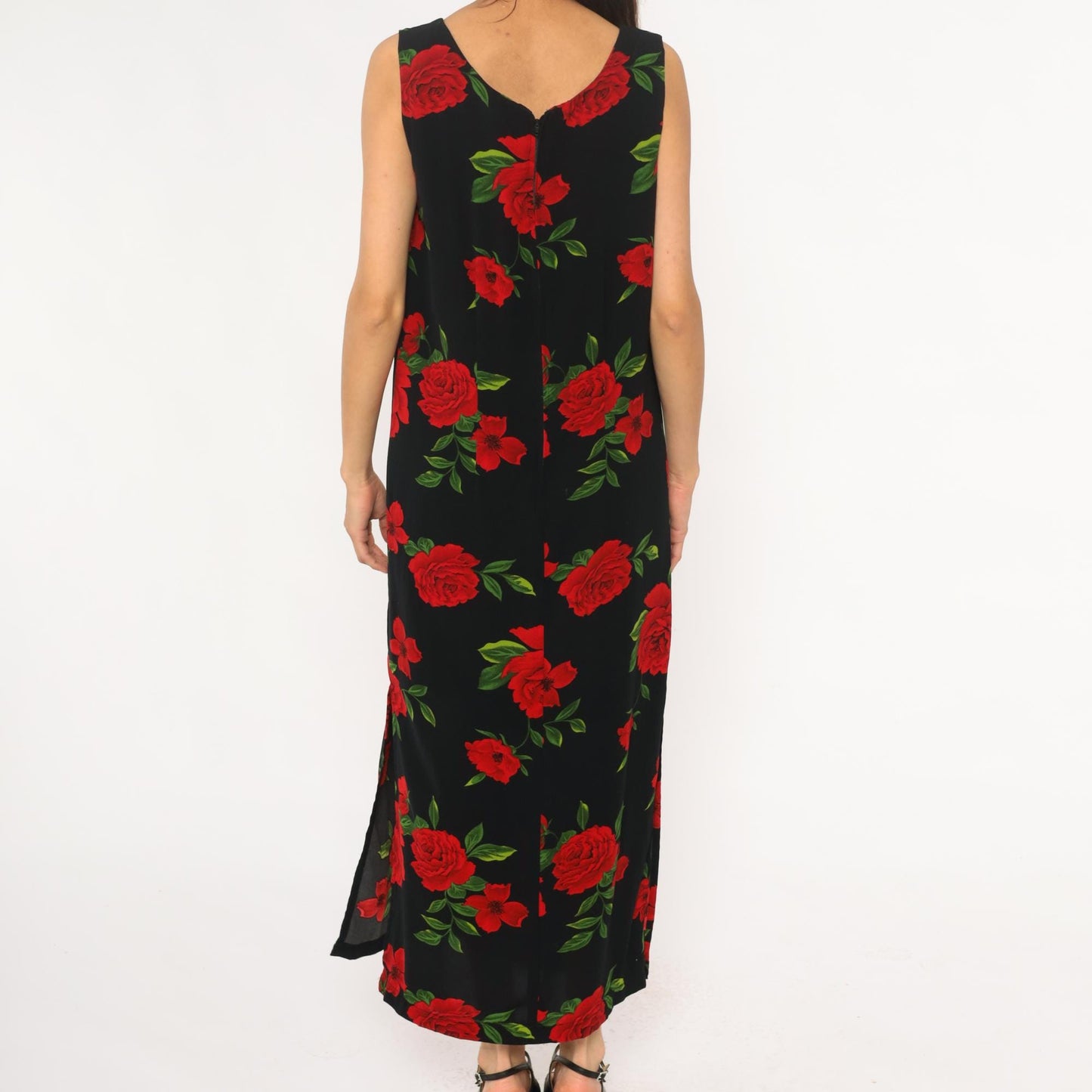 90s Black Maxi Dress Red Rose Floral Print Sleeveless Scoop Neck Medium