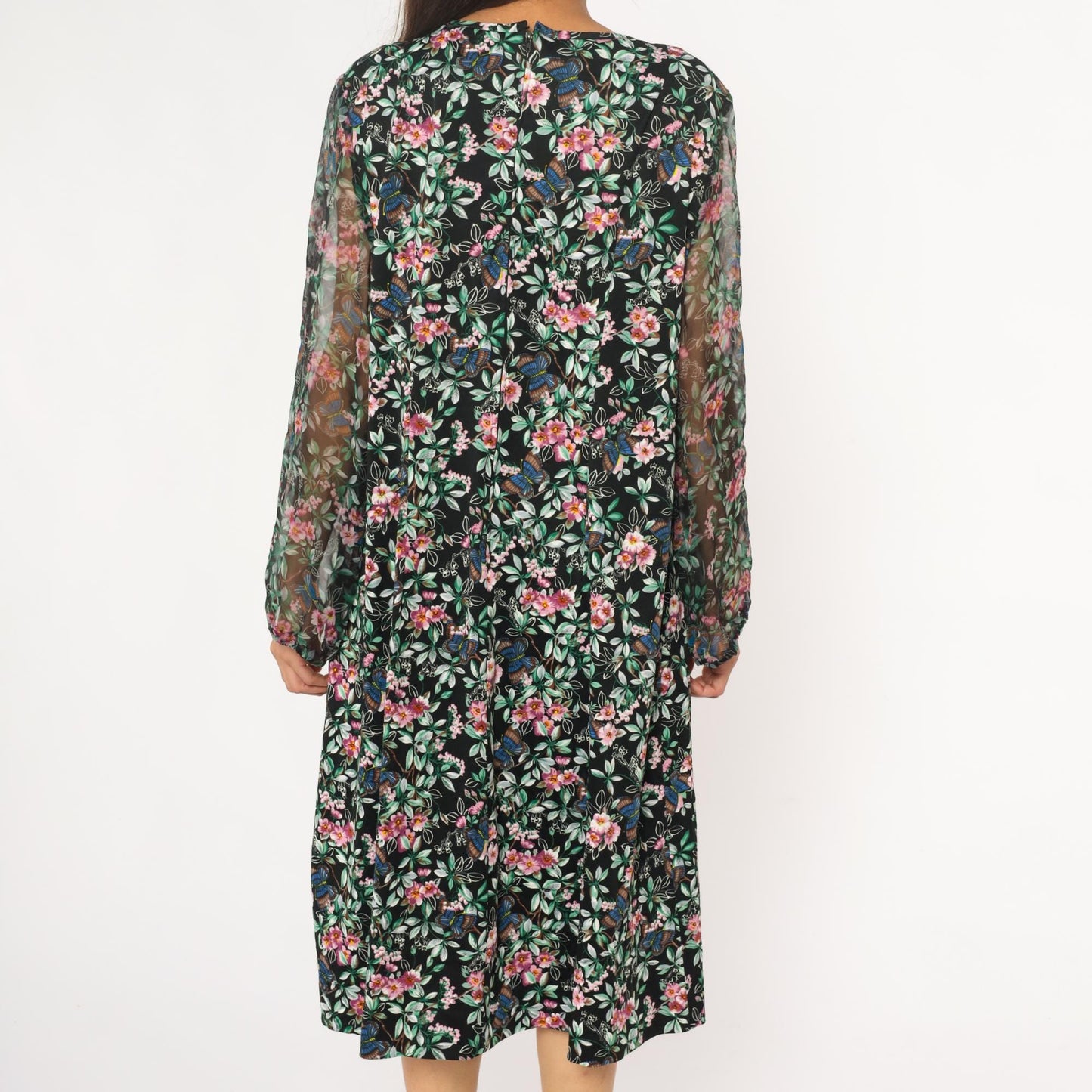 70s Black Floral Midi Dress Butterfly Print V-Neck Long Sleeve Extra Large
