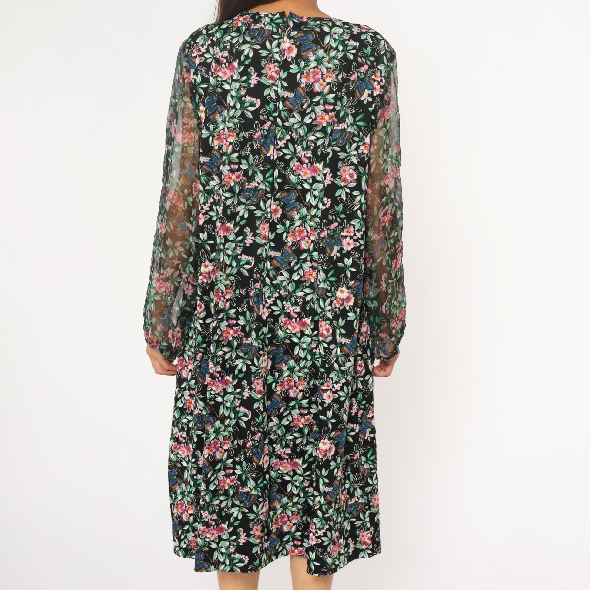 70s Black Floral Midi Dress Butterfly Print V-Neck Long Sleeve Extra Large
