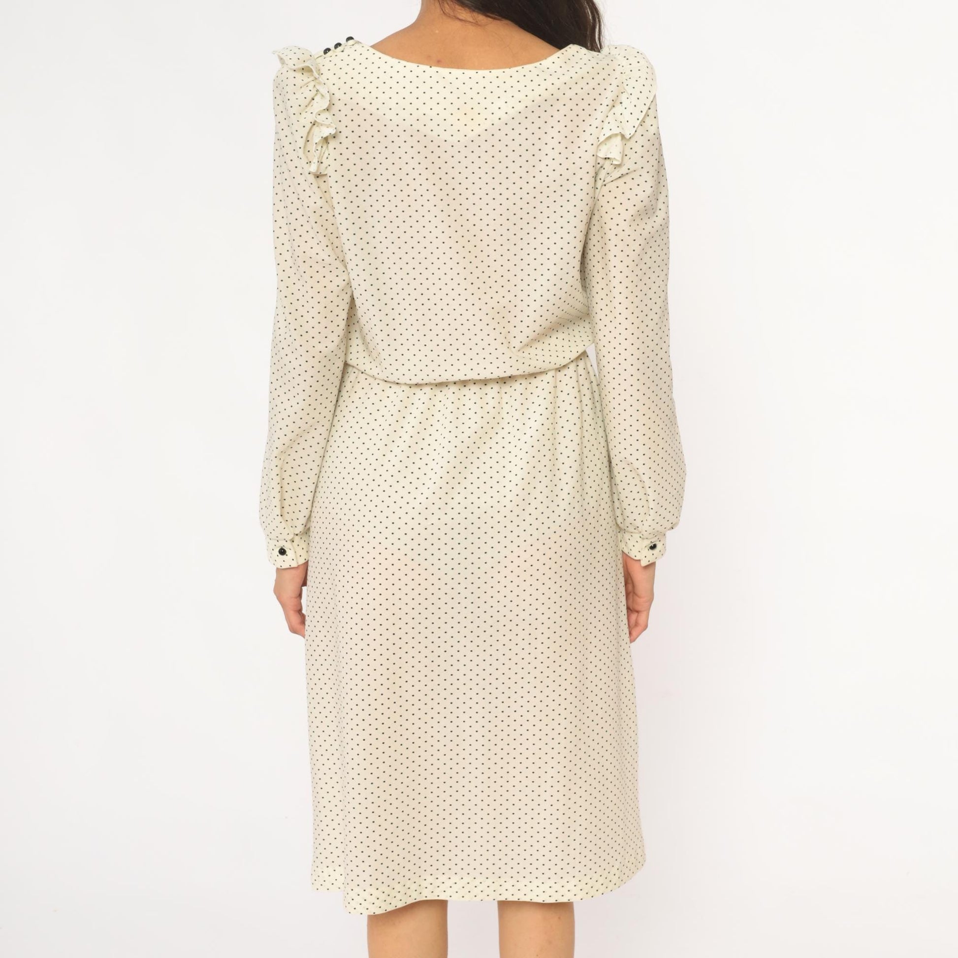 80s Ivory Polka Dot Midi Dress Ruffled Collar Long Sleeve Medium M