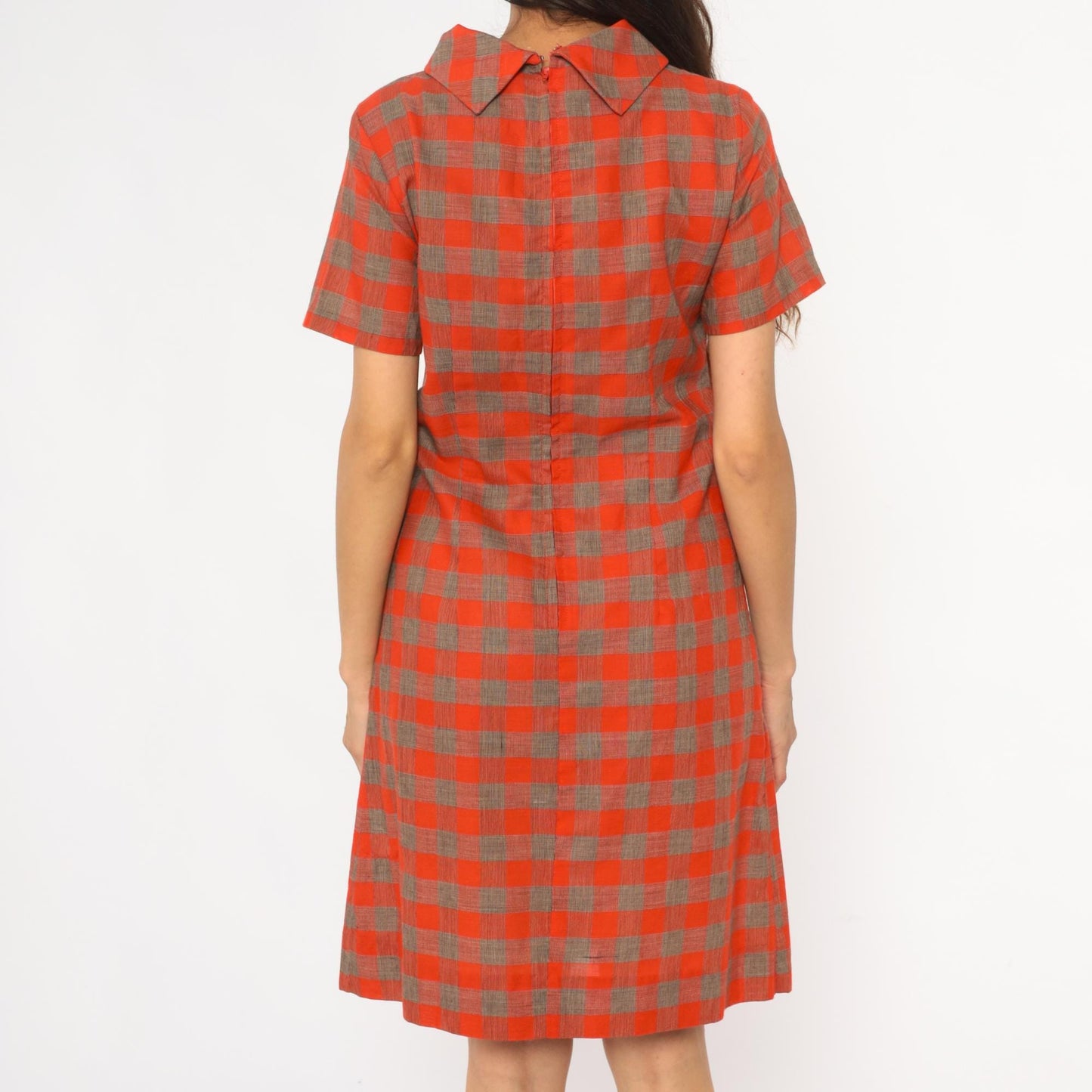 60s Orange Brown Plaid Shift Dress Drop Waist Pointed Collar Small