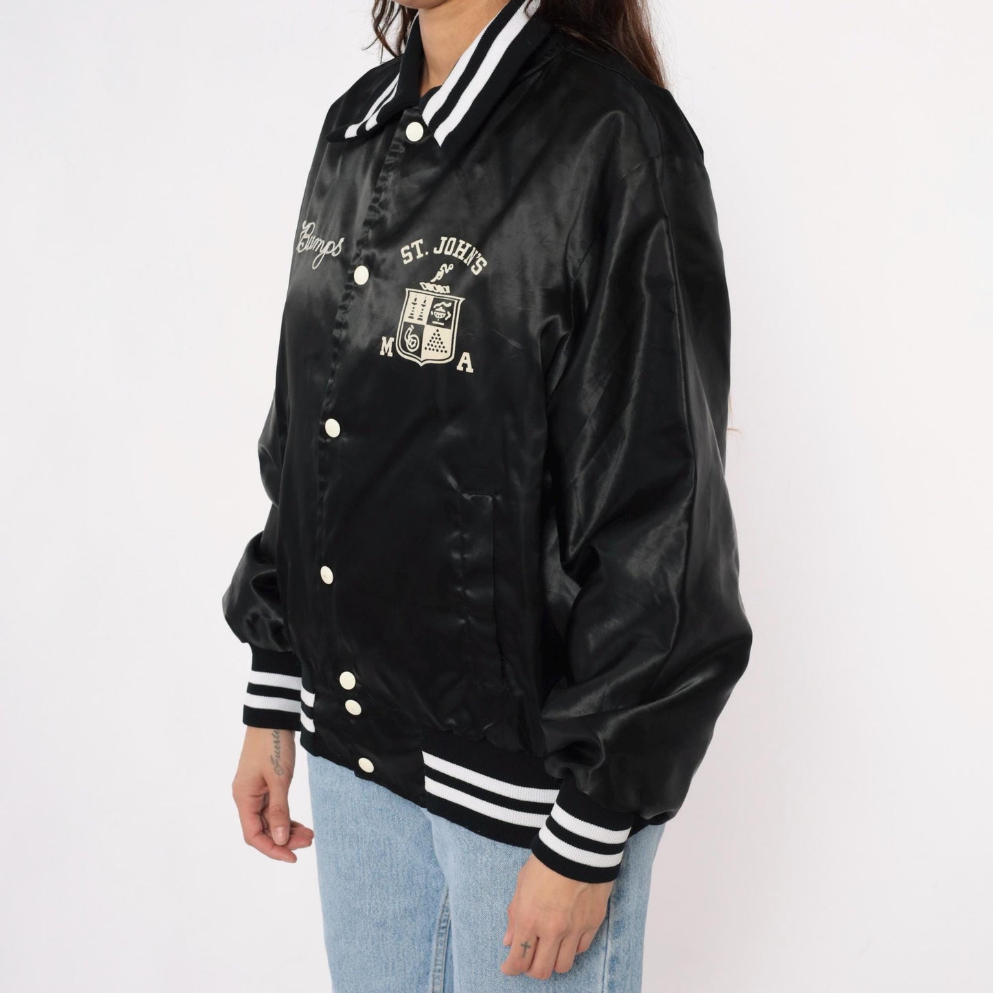 80s Black Satin Varsity Jacket Silver Rifles Drill Team Embroidered Medium