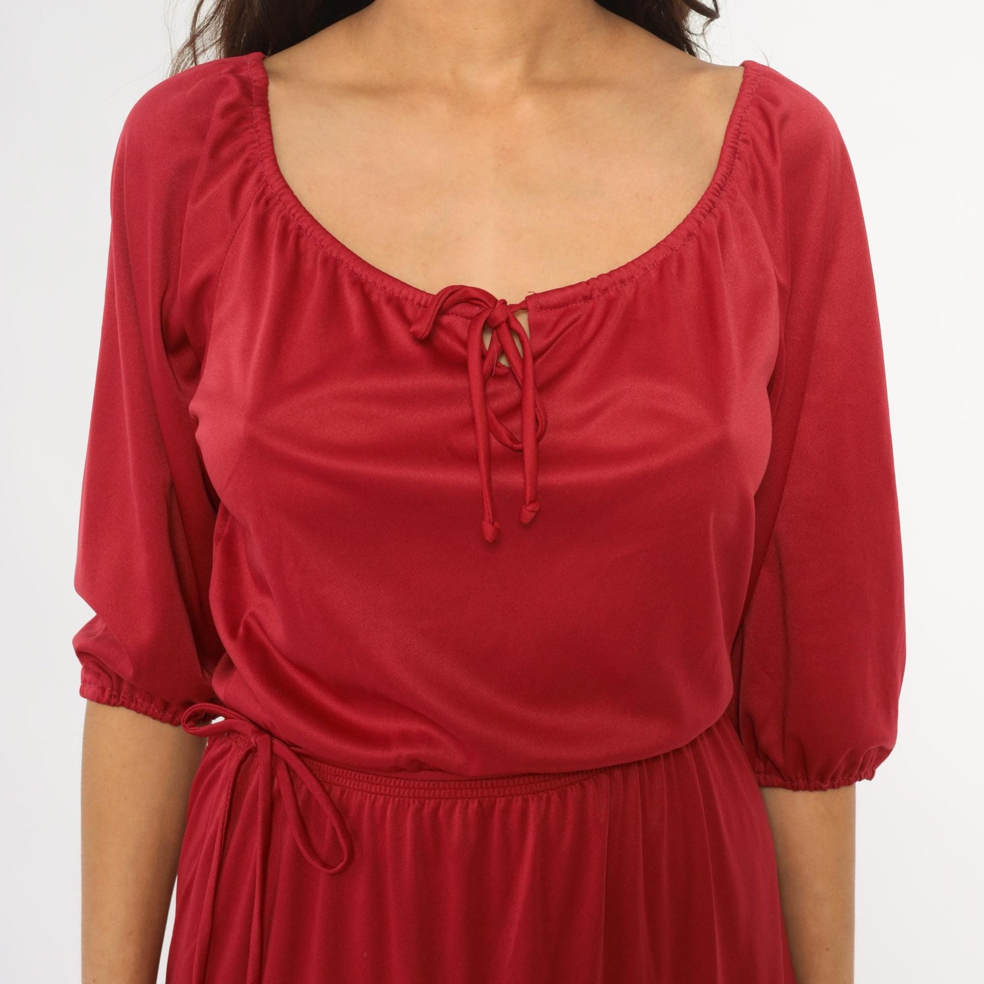 70s Cranberry Red Midi Dress Prairie Peasant Tiered Ruffle Drawstring Small Medium