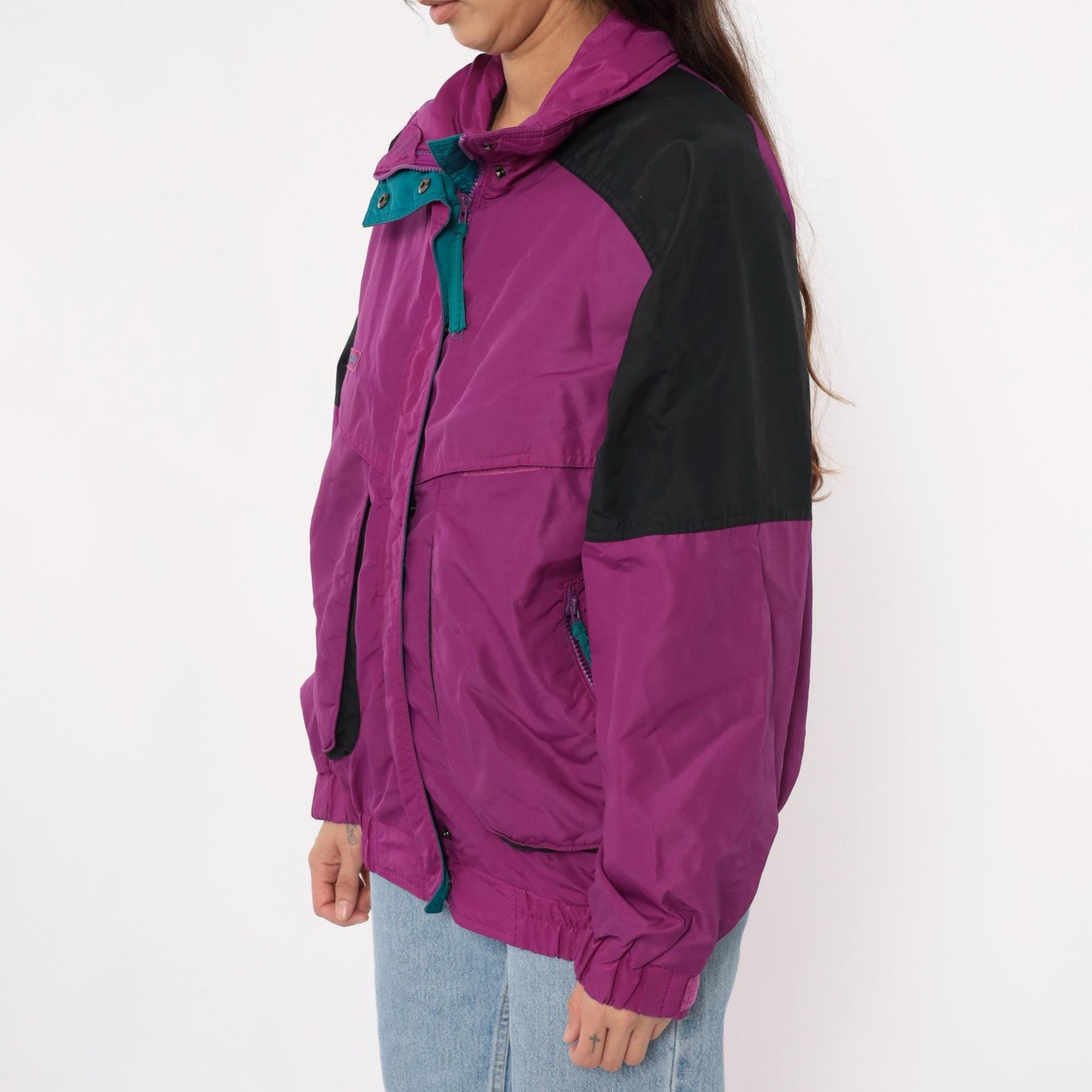 90s Columbia Magenta Windbreaker Colorblock Jacket Teal Trim Large L