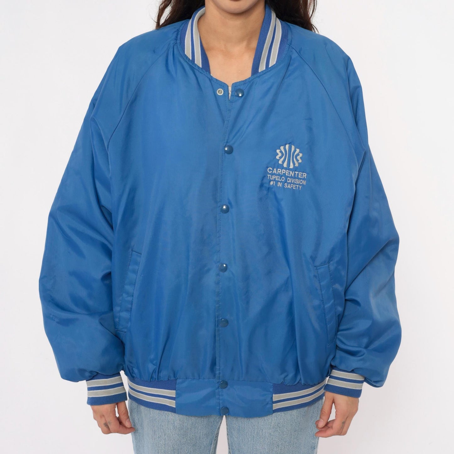 80s Blue Bomber Jacket Carpenter Tupelo Division Snap Button Raglan Medium