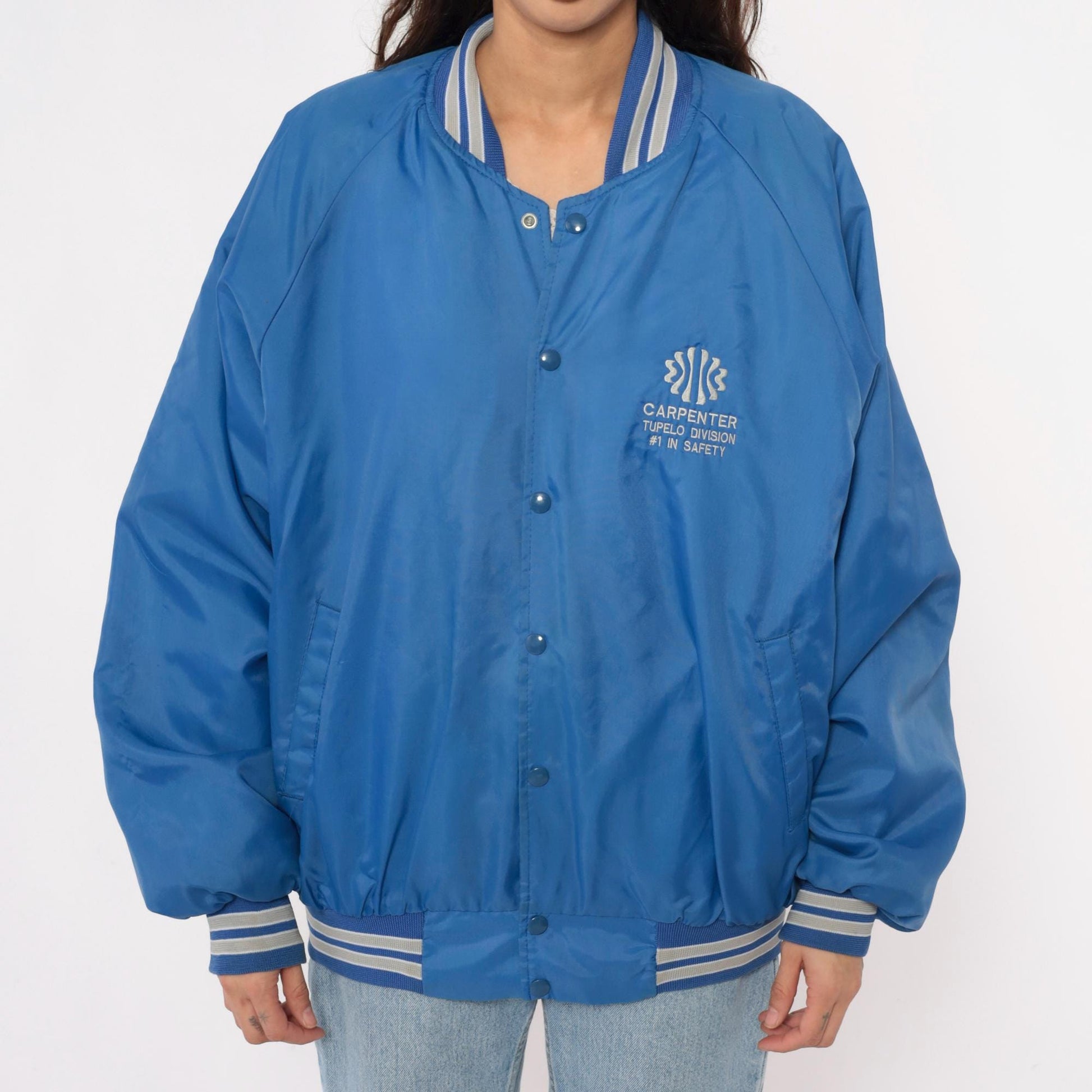 80s Blue Bomber Jacket Carpenter Tupelo Division Snap Button Raglan Medium
