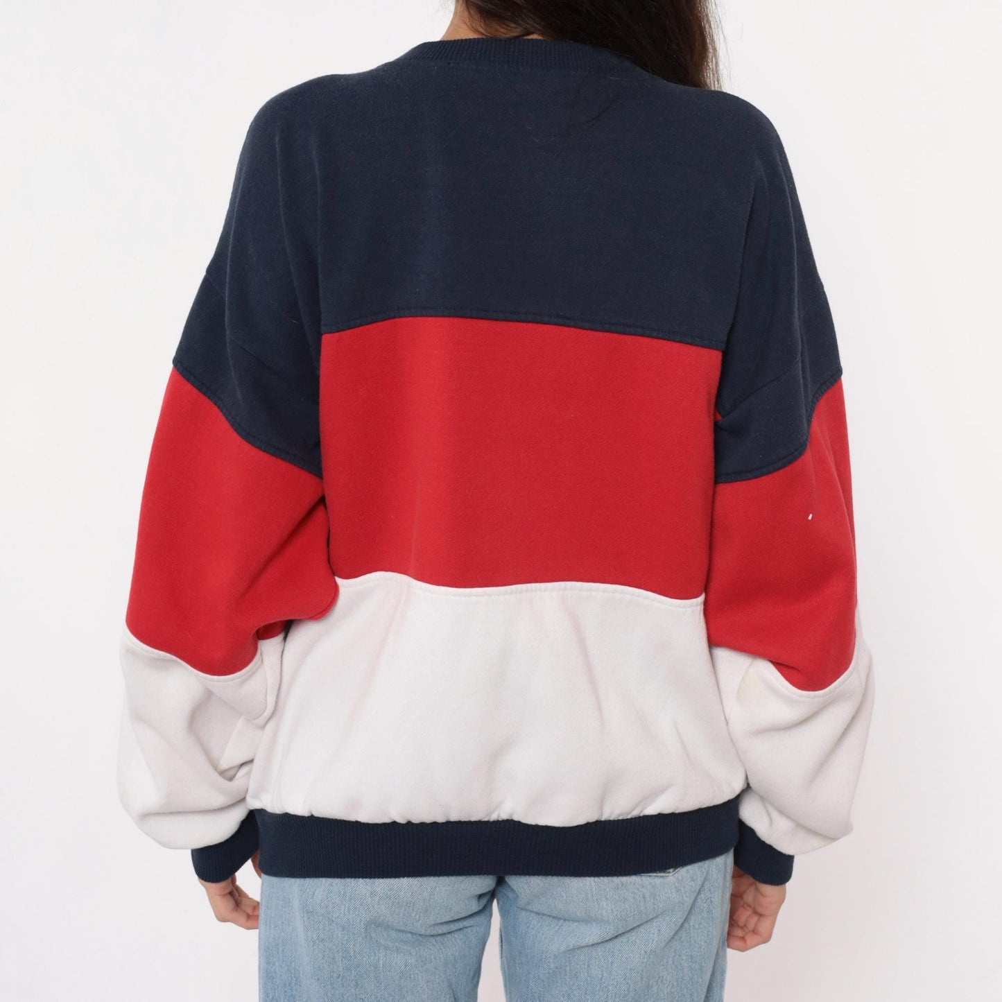 80s Color Block Sweatshirt Navy Red White Striped Henley Button Neck Medium