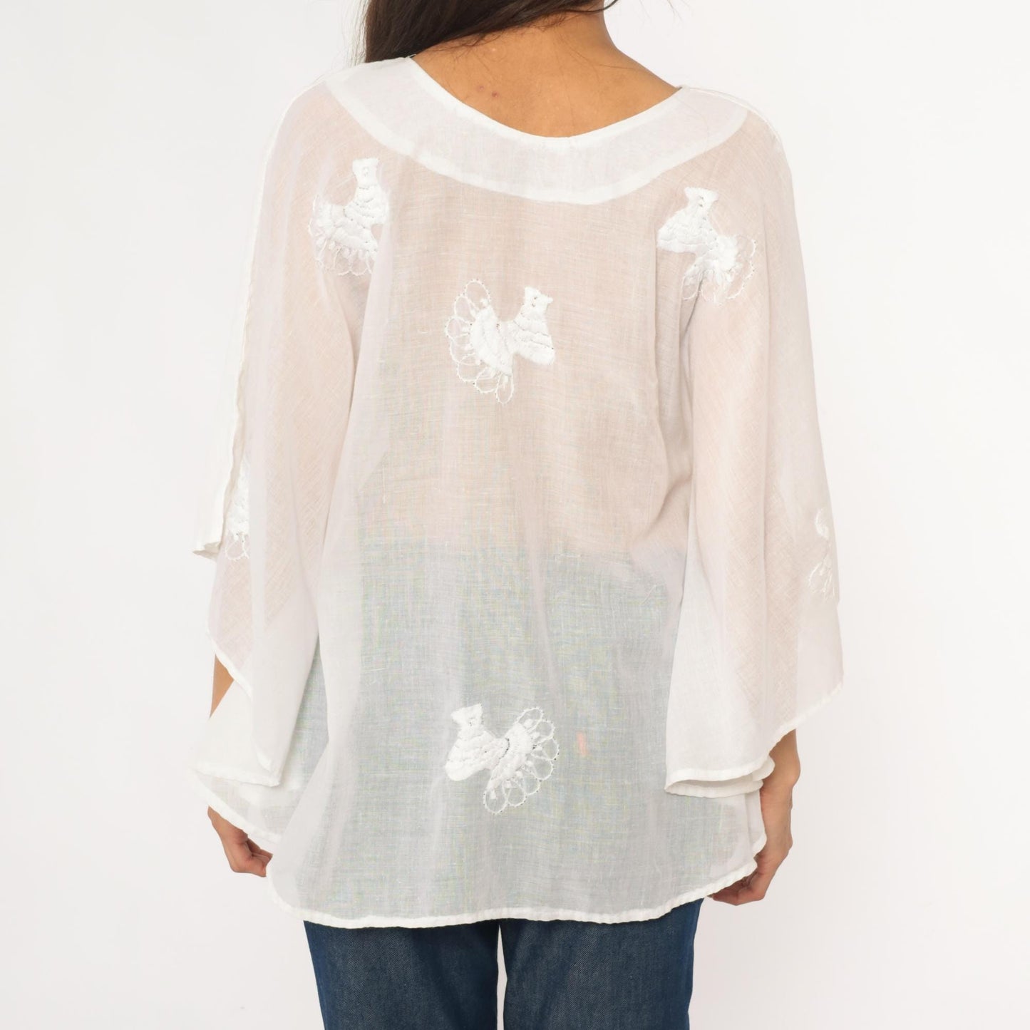 80s White Embroidered Bird Tunic Sheer Cotton Peter Pan Collar Kimono Sleeve Small Medium