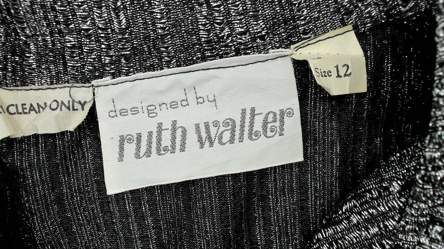80s Ruth Walter Metallic Silver Blouse Pointed Collar Long Sleeve Small