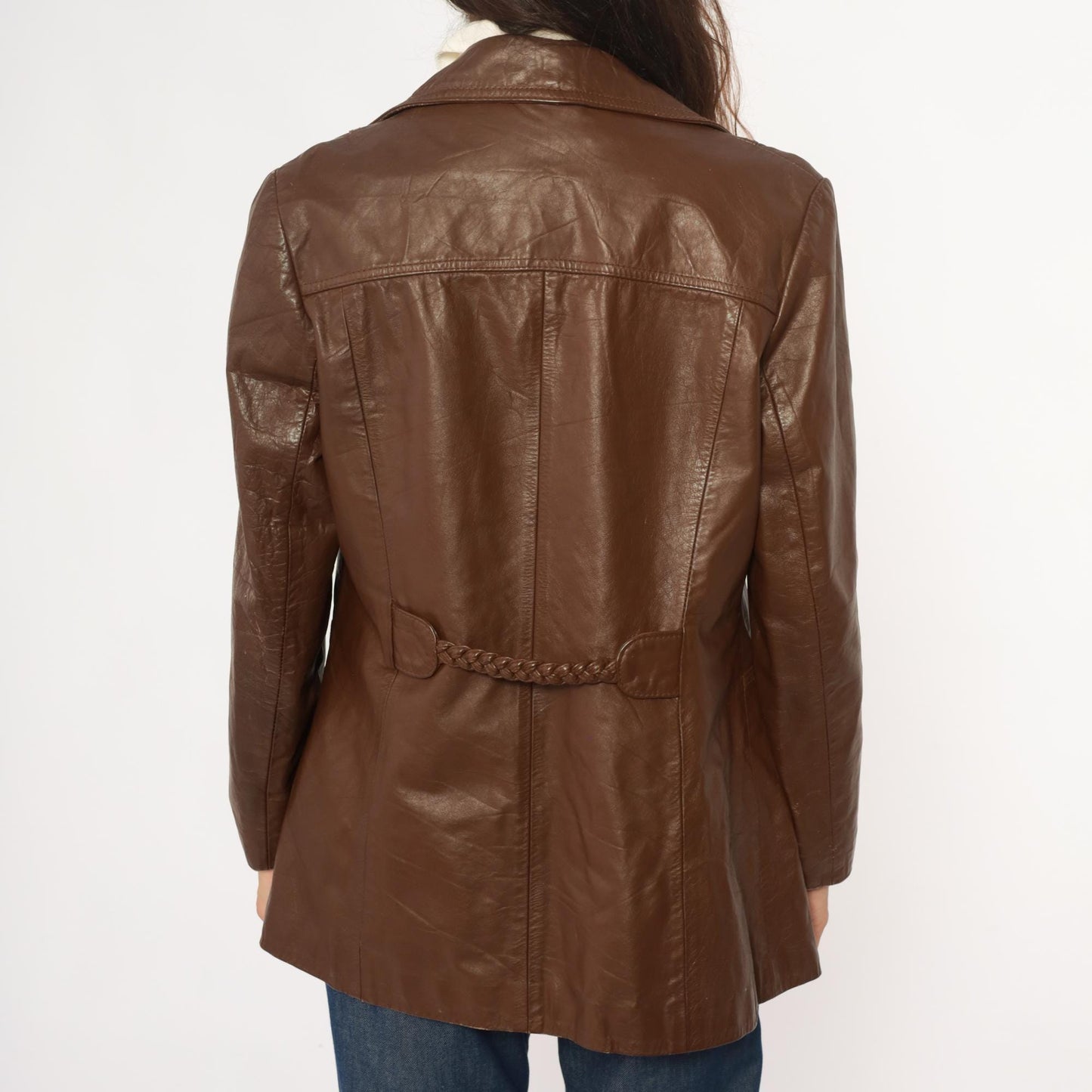70s Brown Leather Jacket Notched Collar Braided Belt Detail Medium