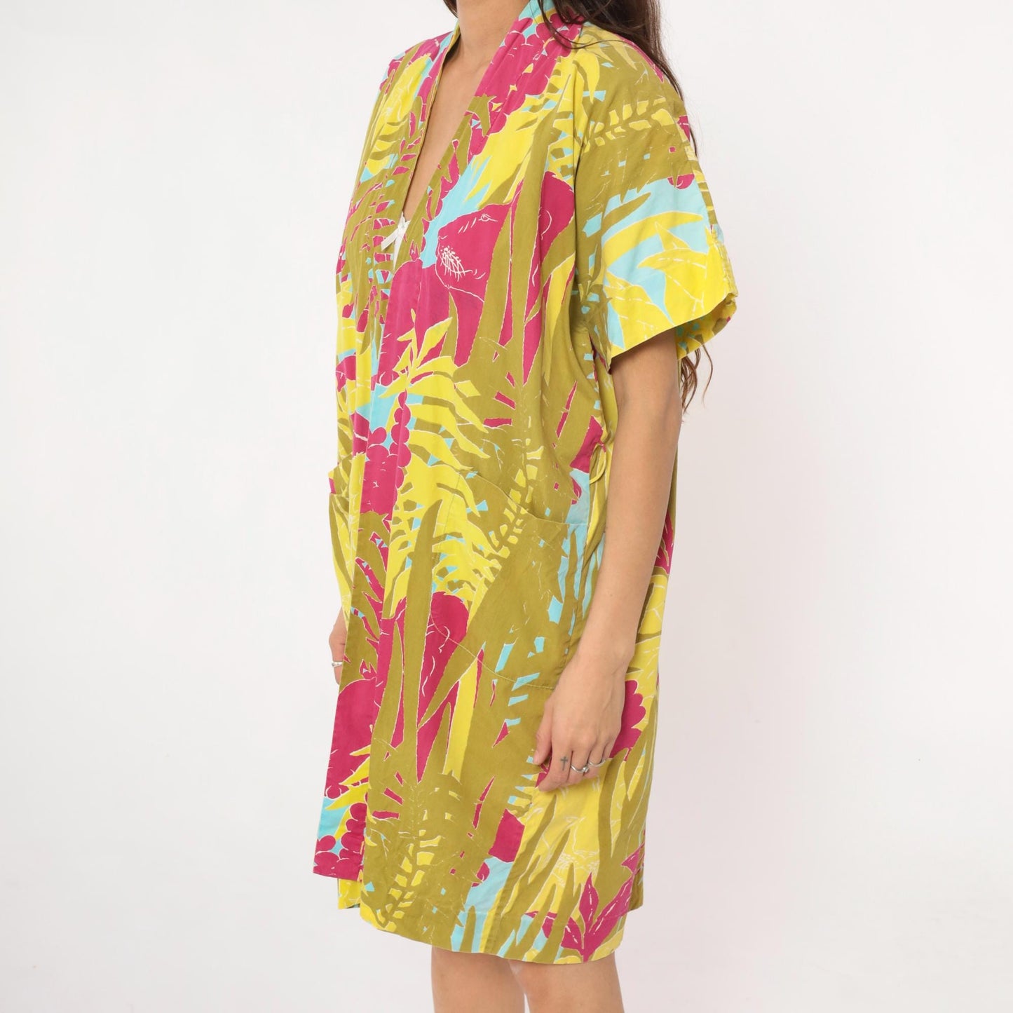80s Lion Jungle Tropical Kimono Robe Knee Length Cotton Small Medium