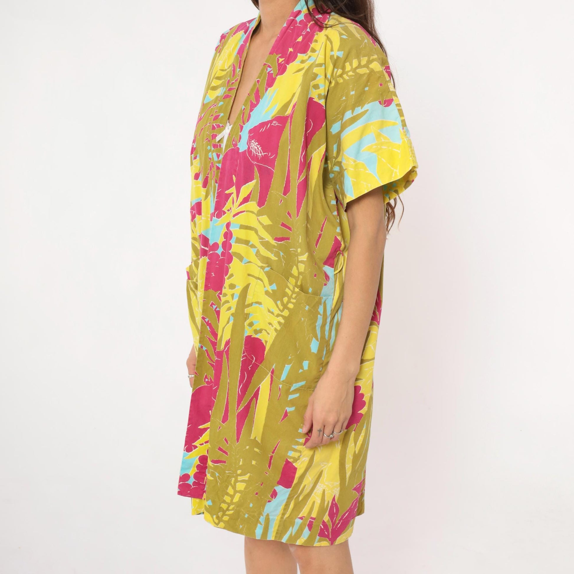 80s Lion Jungle Tropical Kimono Robe Knee Length Cotton Small Medium