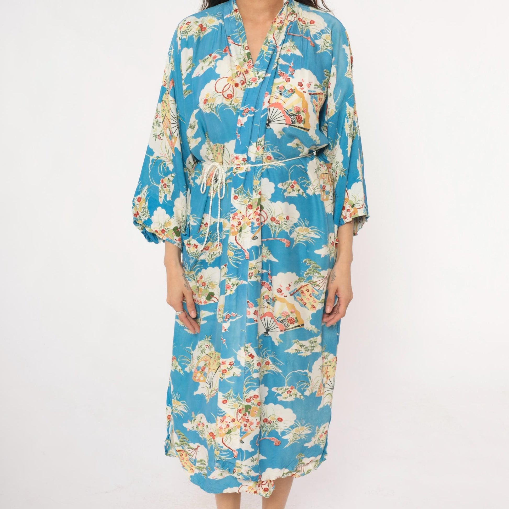 80s Japanese Fan Kimono Robe Blue Floral Maxi Cotton Wrap Large L