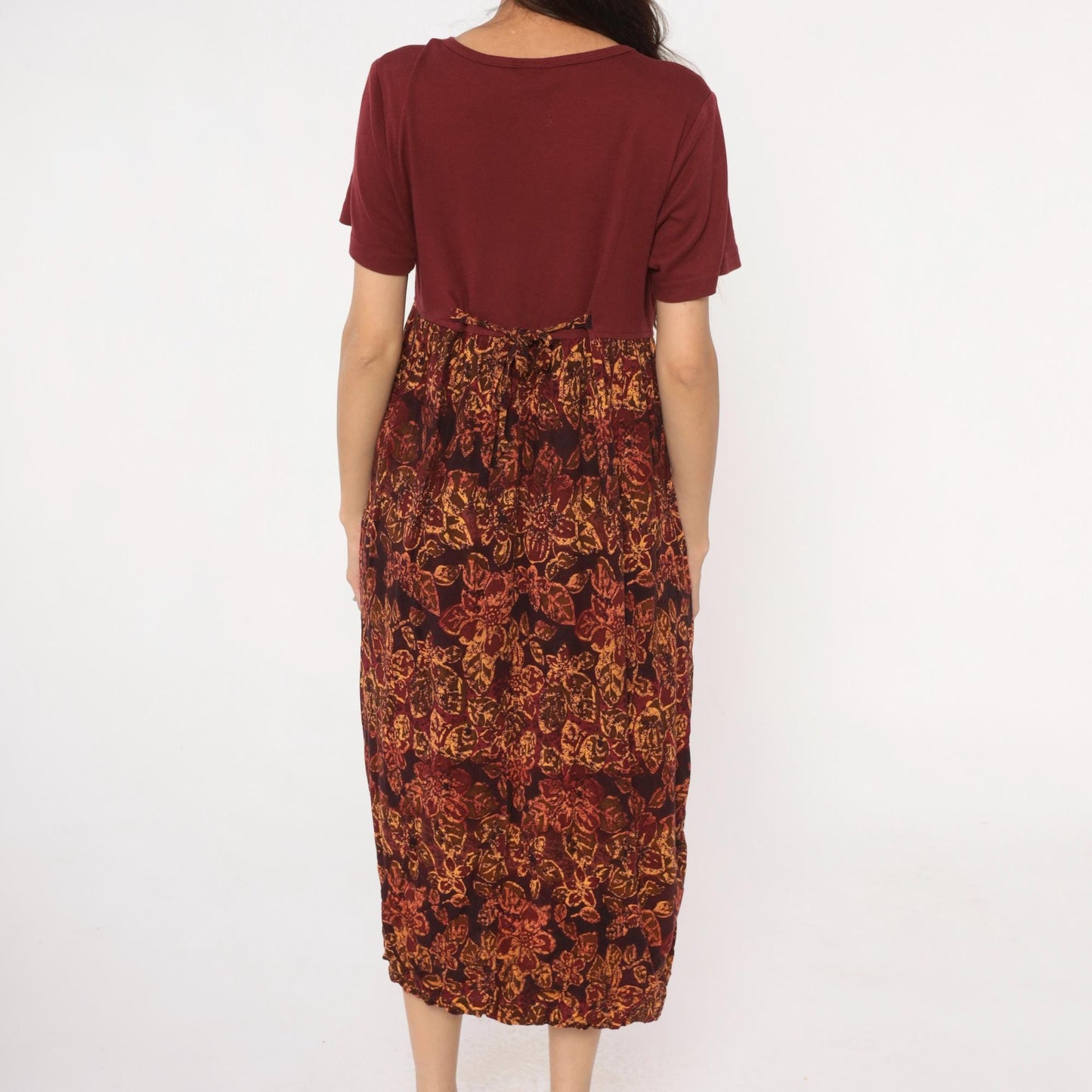 90s Burgundy Colorblock Floral Embroidered Midi Dress Rayon Medium M